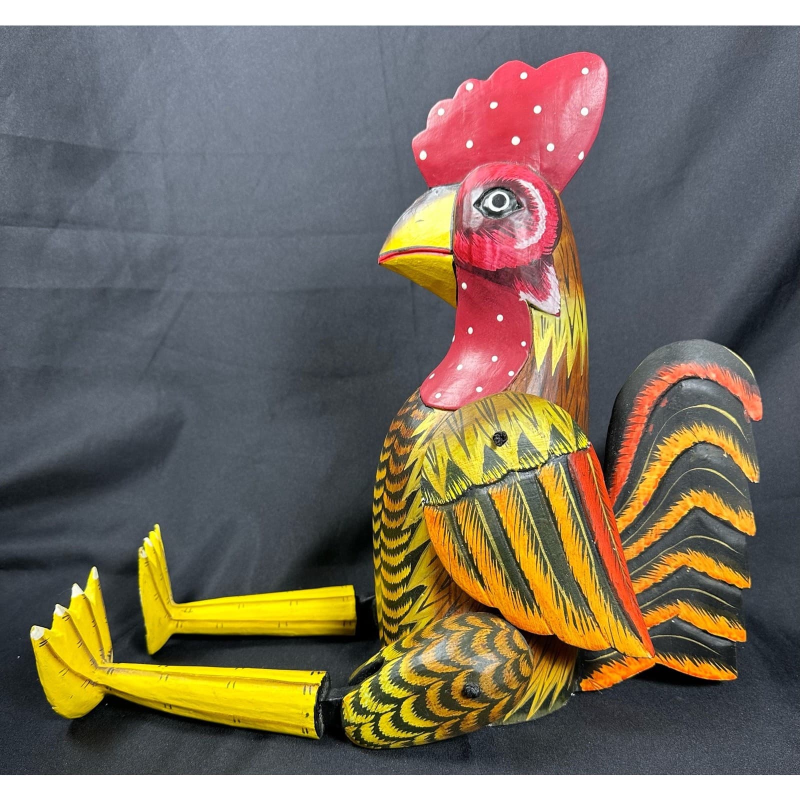 Carved Wood Folk Art Rustic Red & Yellow Painted Jointed Shelf Sitter Rooster - Thumbnail 4