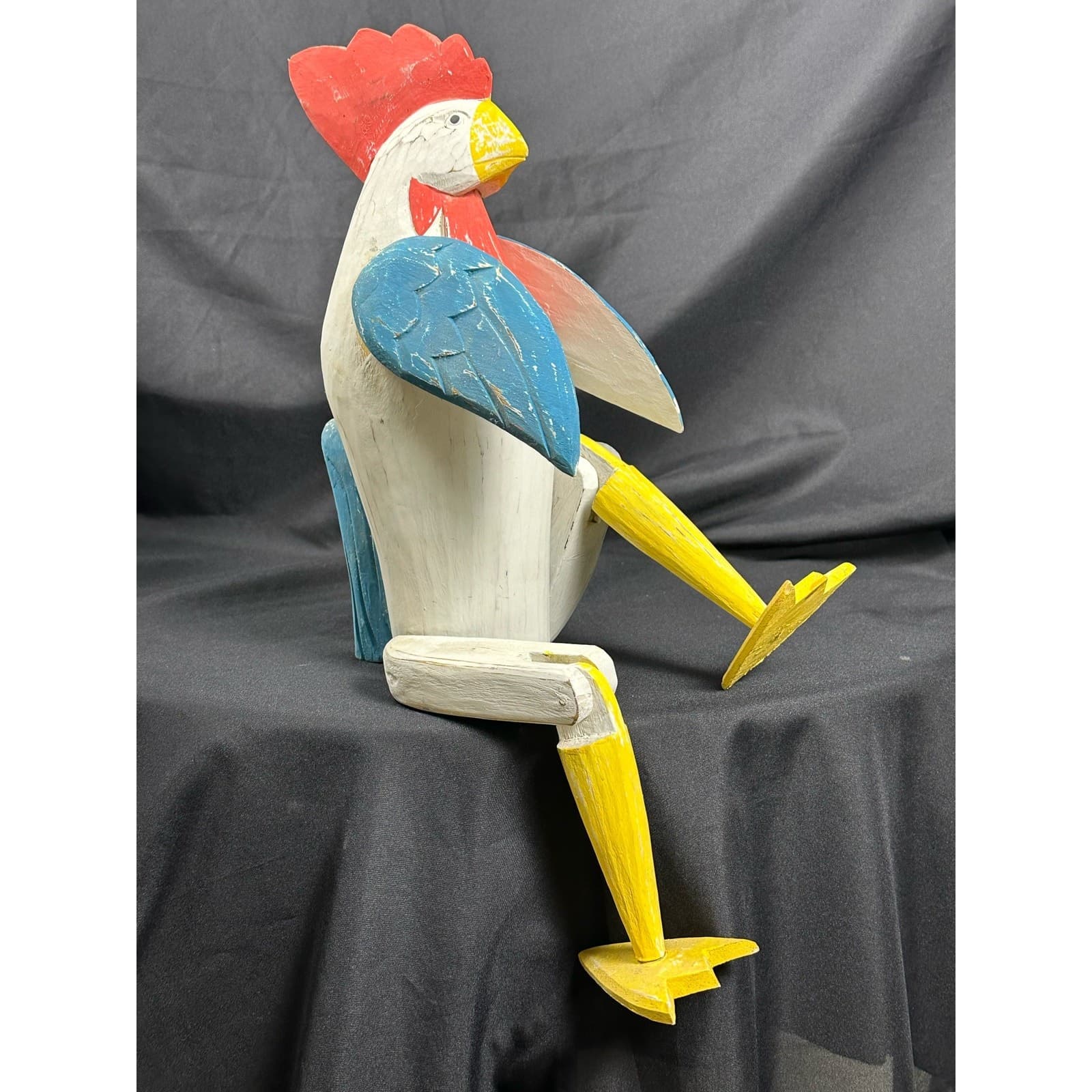 Fabulous Folk Art Carved Hinged & Jointed Wood Shelf Sitter Rooster - Thumbnail 5