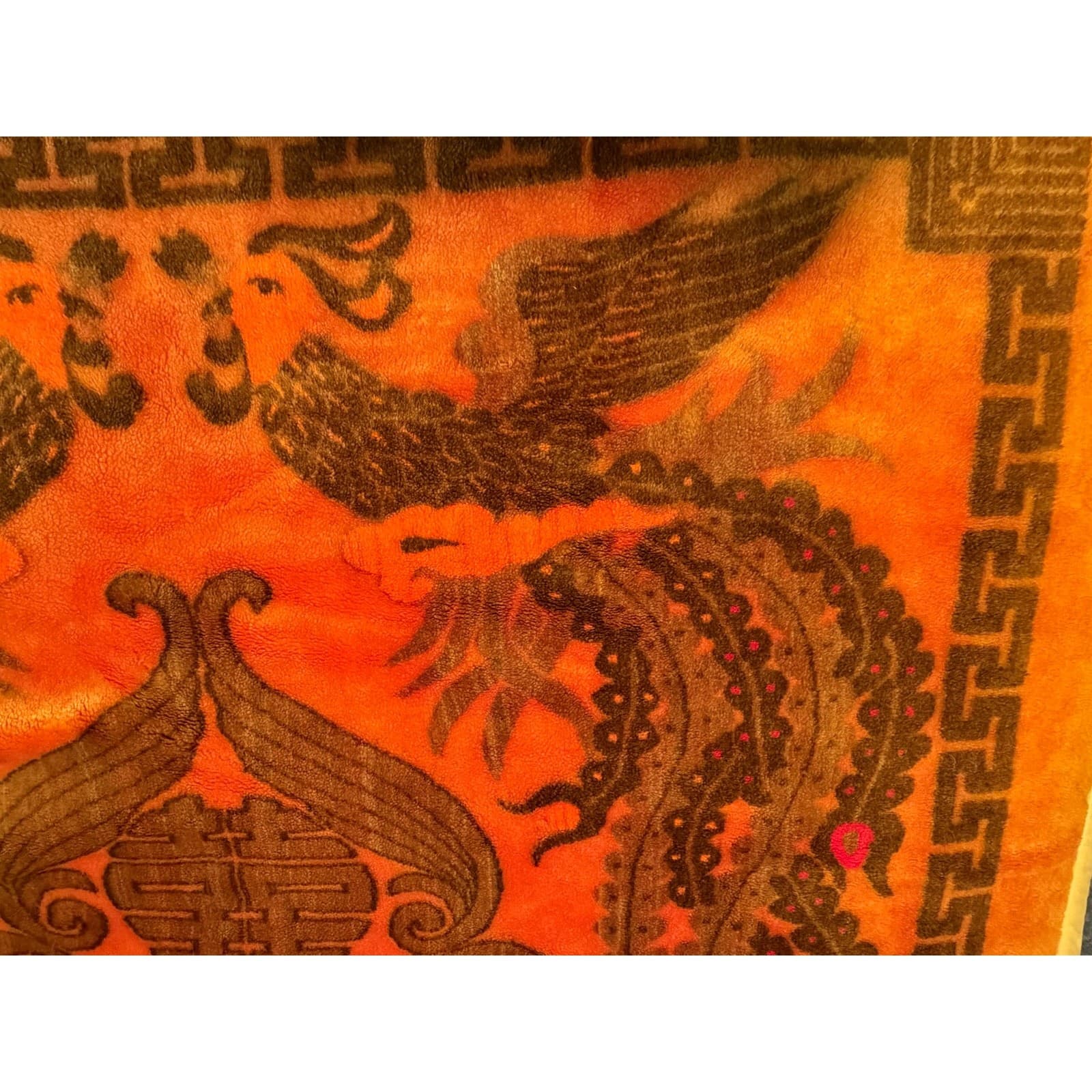 Vintage Korean Mink Blanket Orange Phoenix Crane Asian Plush Heavy 77x58 - Thumbnail 2