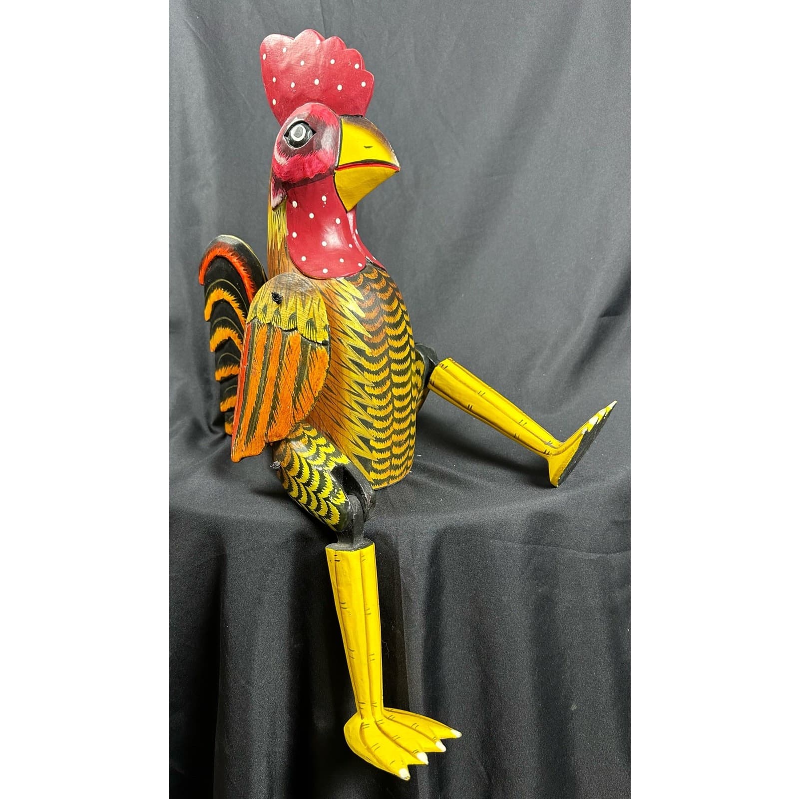 Carved Wood Folk Art Rustic Red & Yellow Painted Jointed Shelf Sitter Rooster - Thumbnail 6