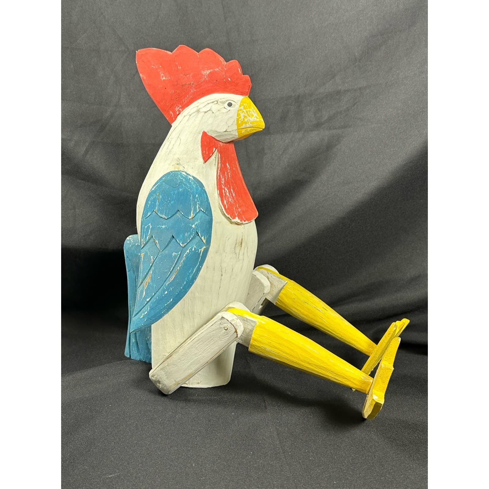 Fabulous Folk Art Carved Hinged & Jointed Wood Shelf Sitter Rooster - Thumbnail 7