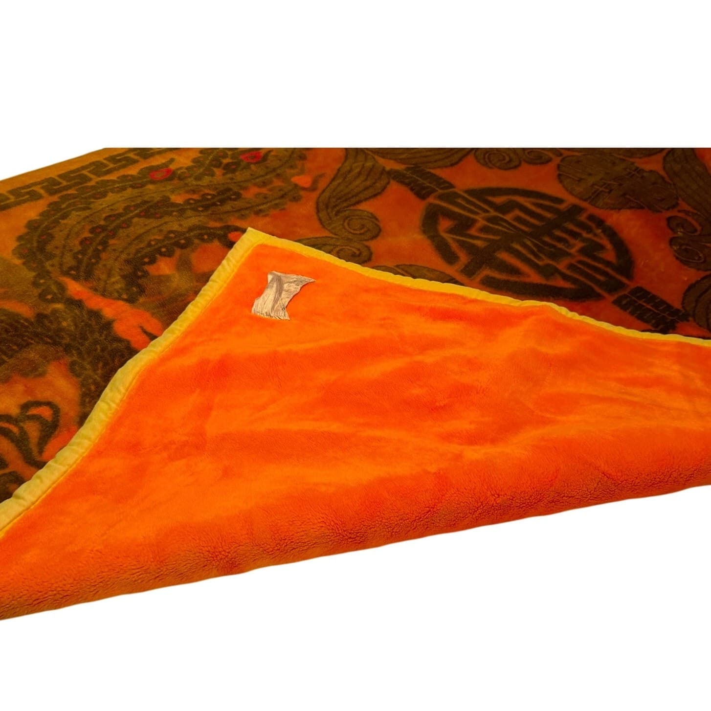Vintage Korean Mink Blanket Orange Phoenix Crane Asian Plush Heavy 77x58 - Thumbnail 6