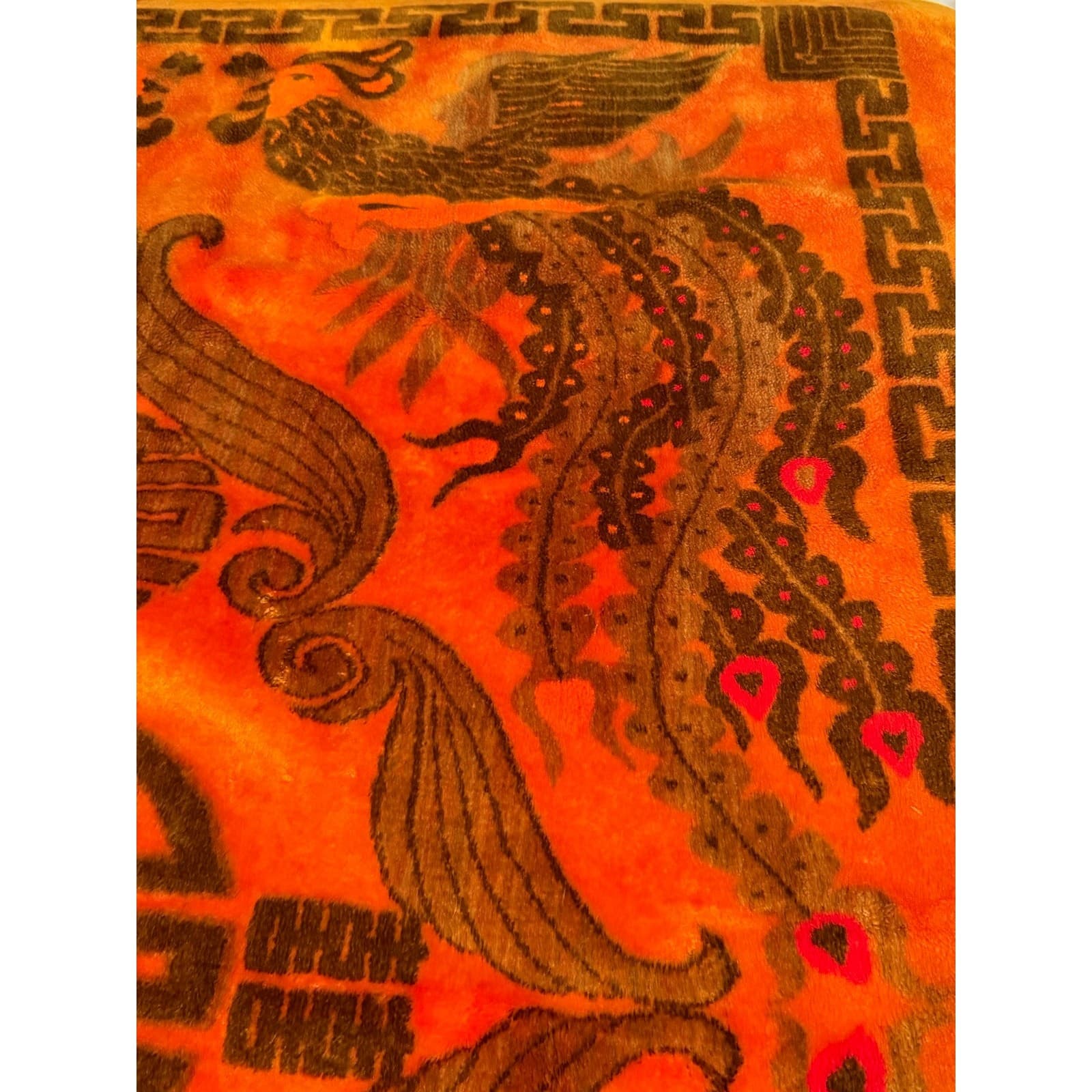 Vintage Korean Mink Blanket Orange Phoenix Crane Asian Plush Heavy 77x58 - Thumbnail 5