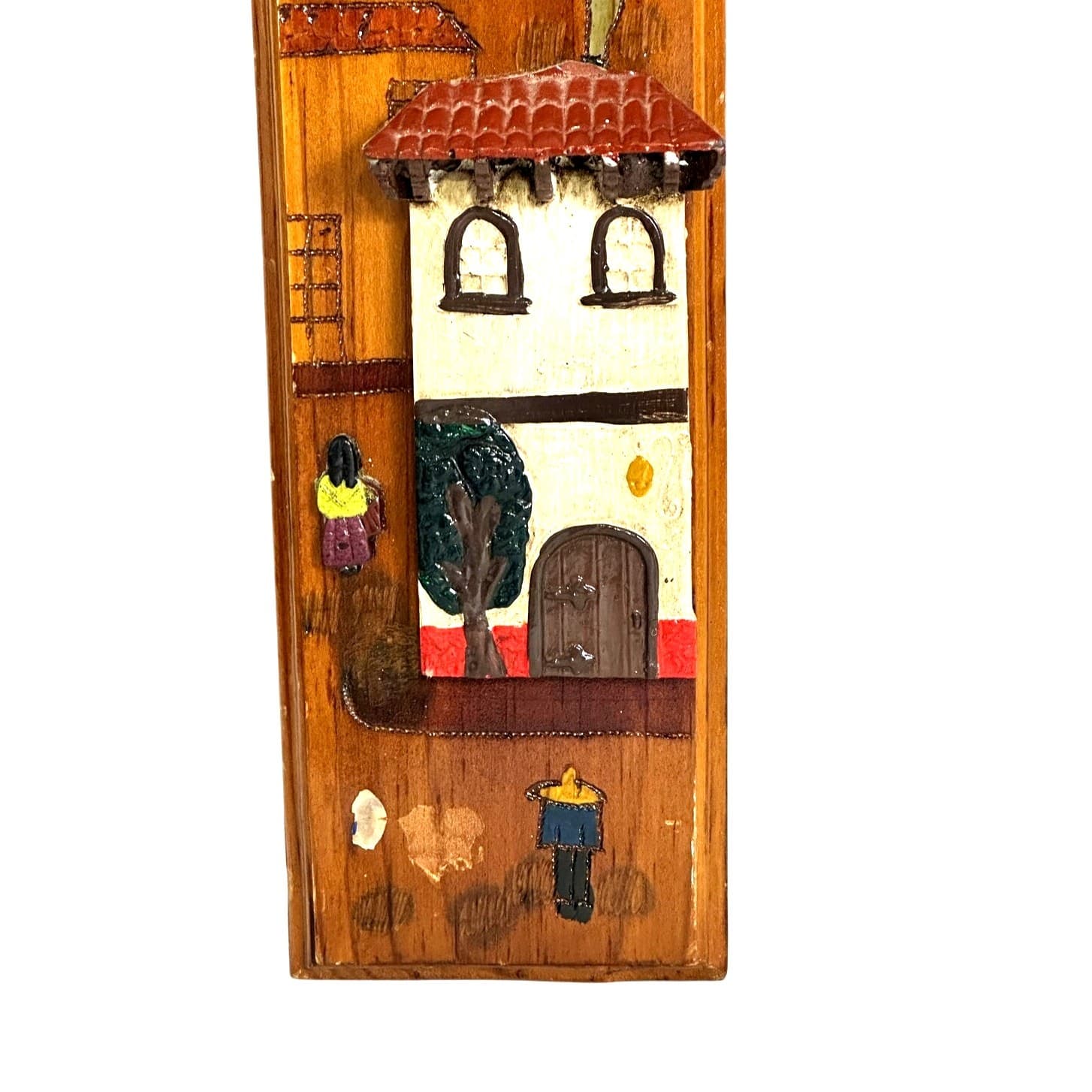 Folk Art Hand Painted 3-D Wood Cross Church Village Scene 20” x 14” - Thumbnail 6