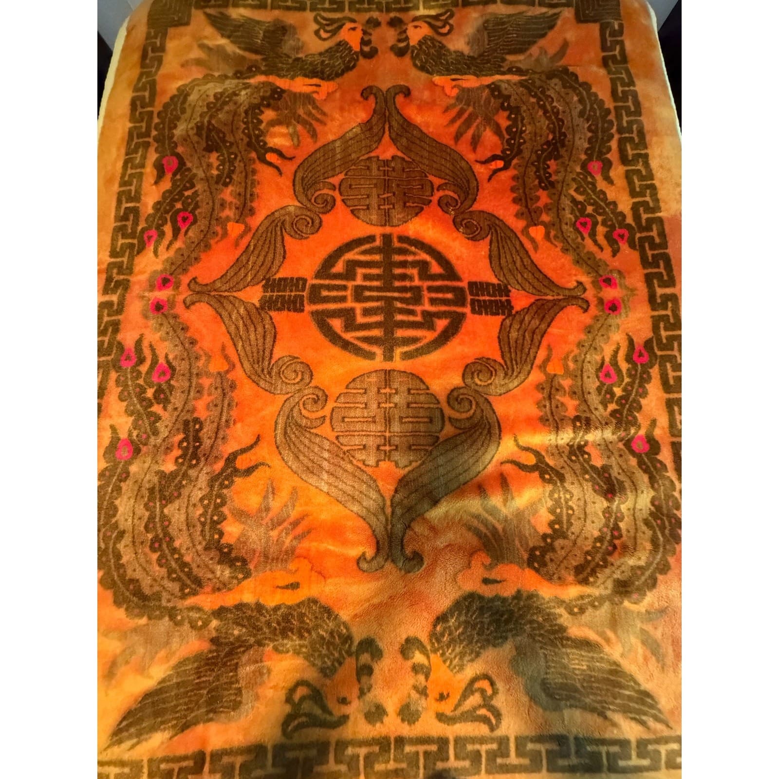 Vintage Korean Mink Blanket Orange Phoenix Crane Asian Plush Heavy 77x58 - Thumbnail 4