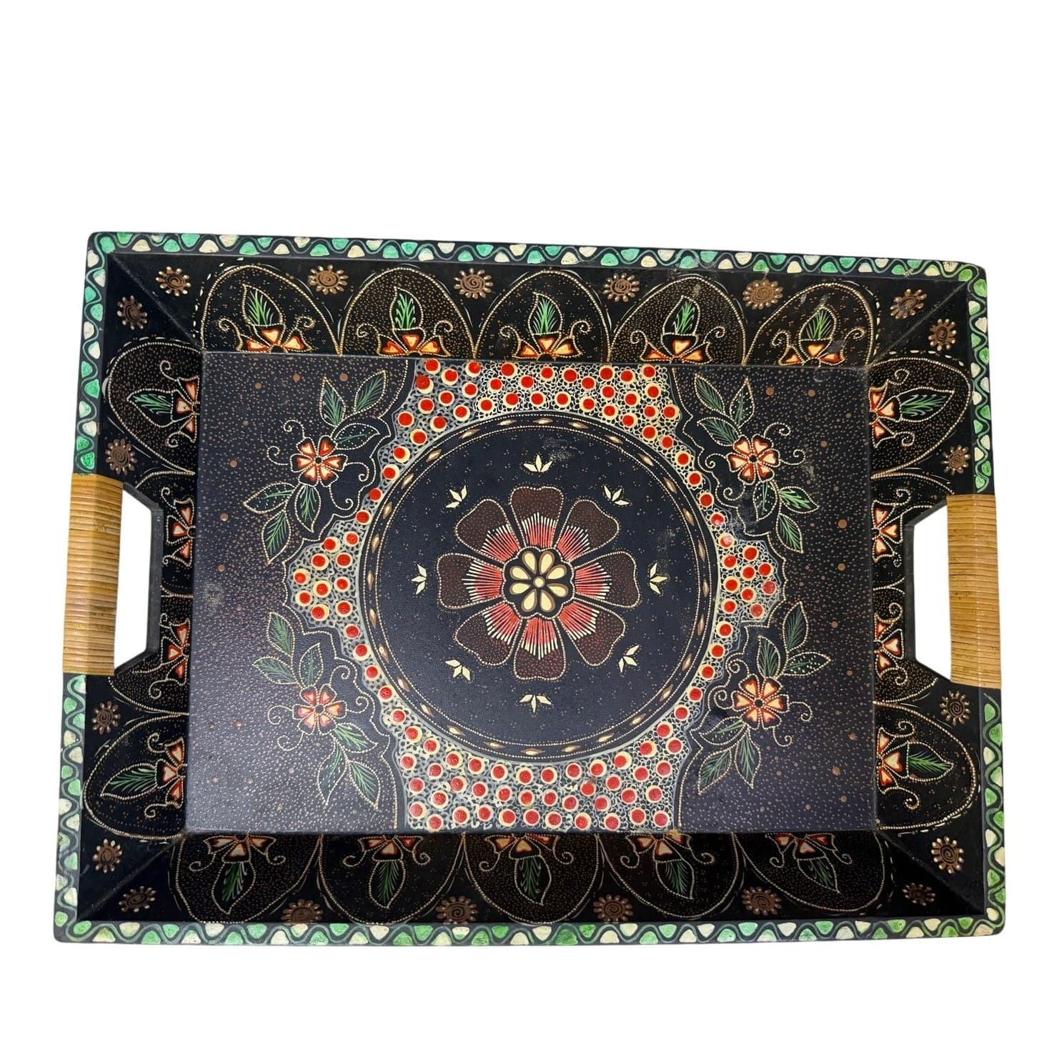 Vintage Pier 1 Imports Hand Painted Wood Serving Tray Folk Art Boho 17.75” - Thumbnail 2