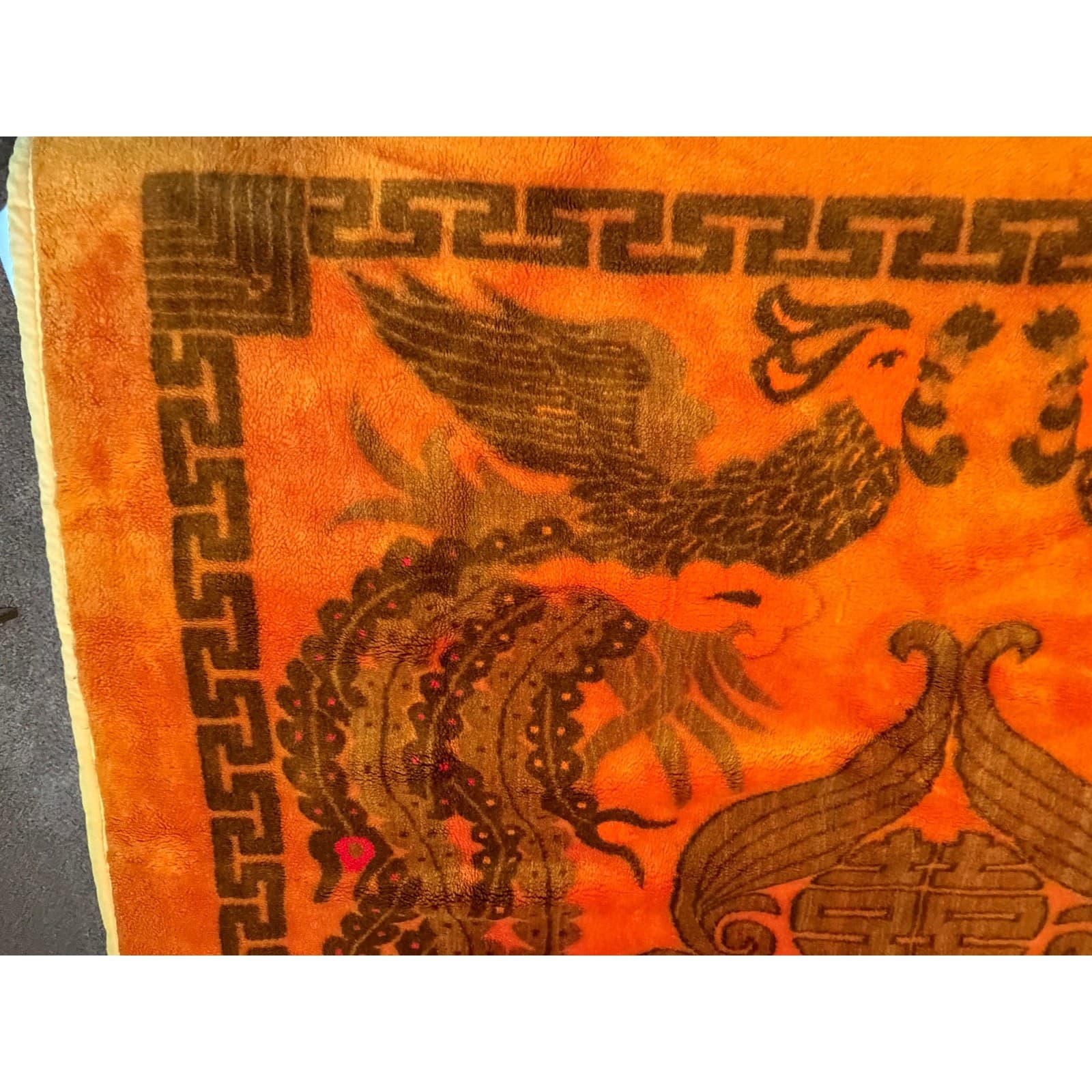 Vintage Korean Mink Blanket Orange Phoenix Crane Asian Plush Heavy 77x58 - Thumbnail 3