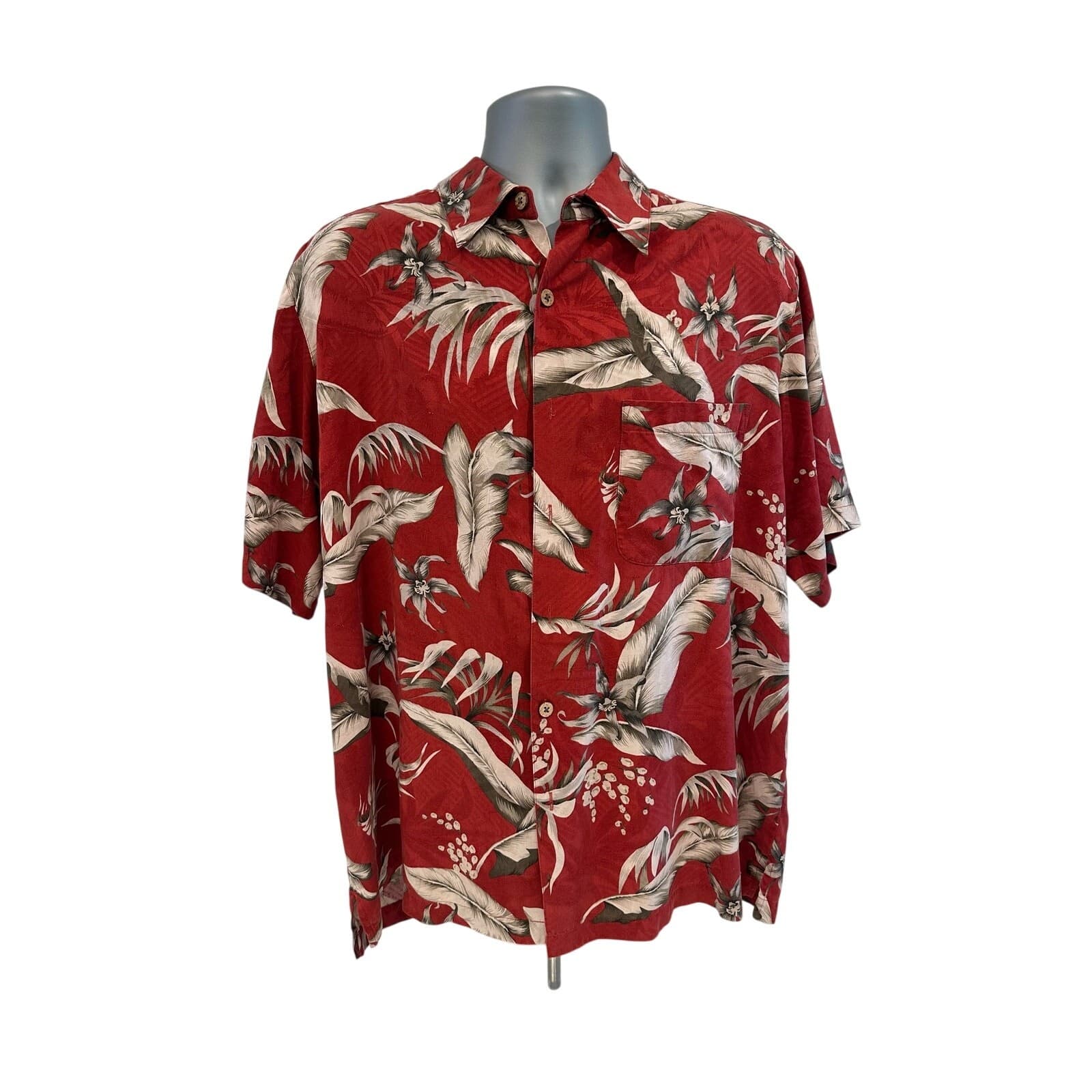 Caribbean Brand Red Floral Hawaiian Shirt 100% Silk Mens Large