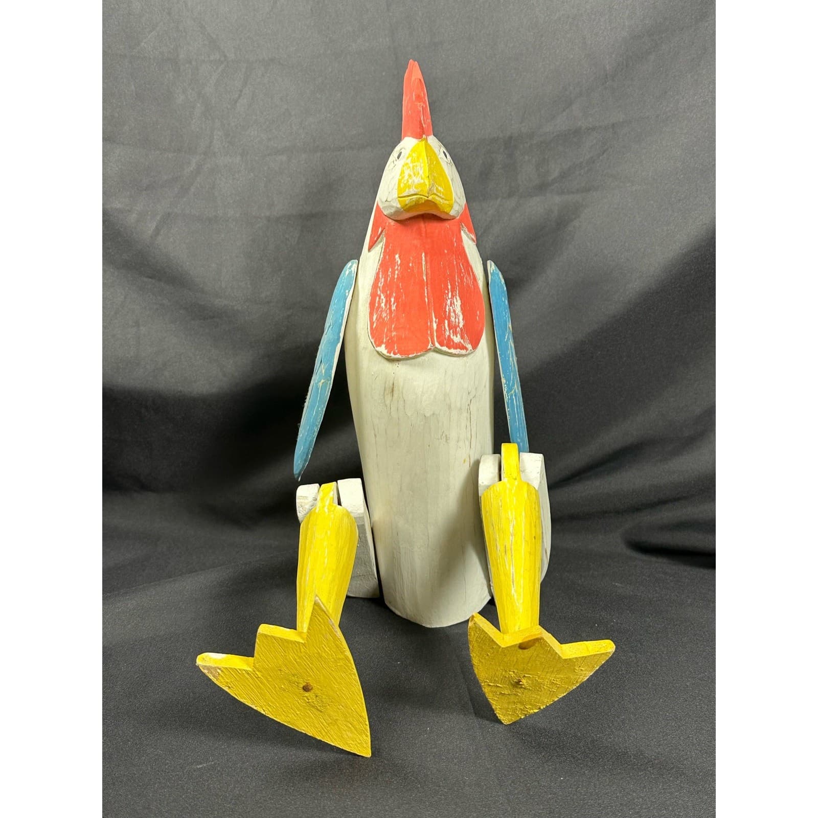 Fabulous Folk Art Carved Hinged & Jointed Wood Shelf Sitter Rooster - Thumbnail 6