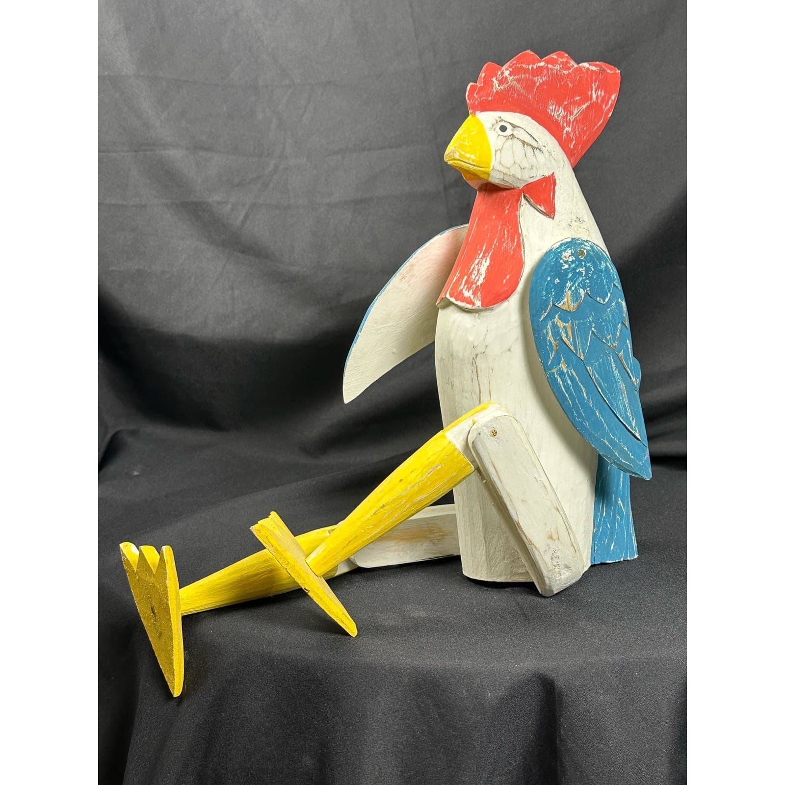 Fabulous Folk Art Carved Hinged & Jointed Wood Shelf Sitter Rooster - Thumbnail 4