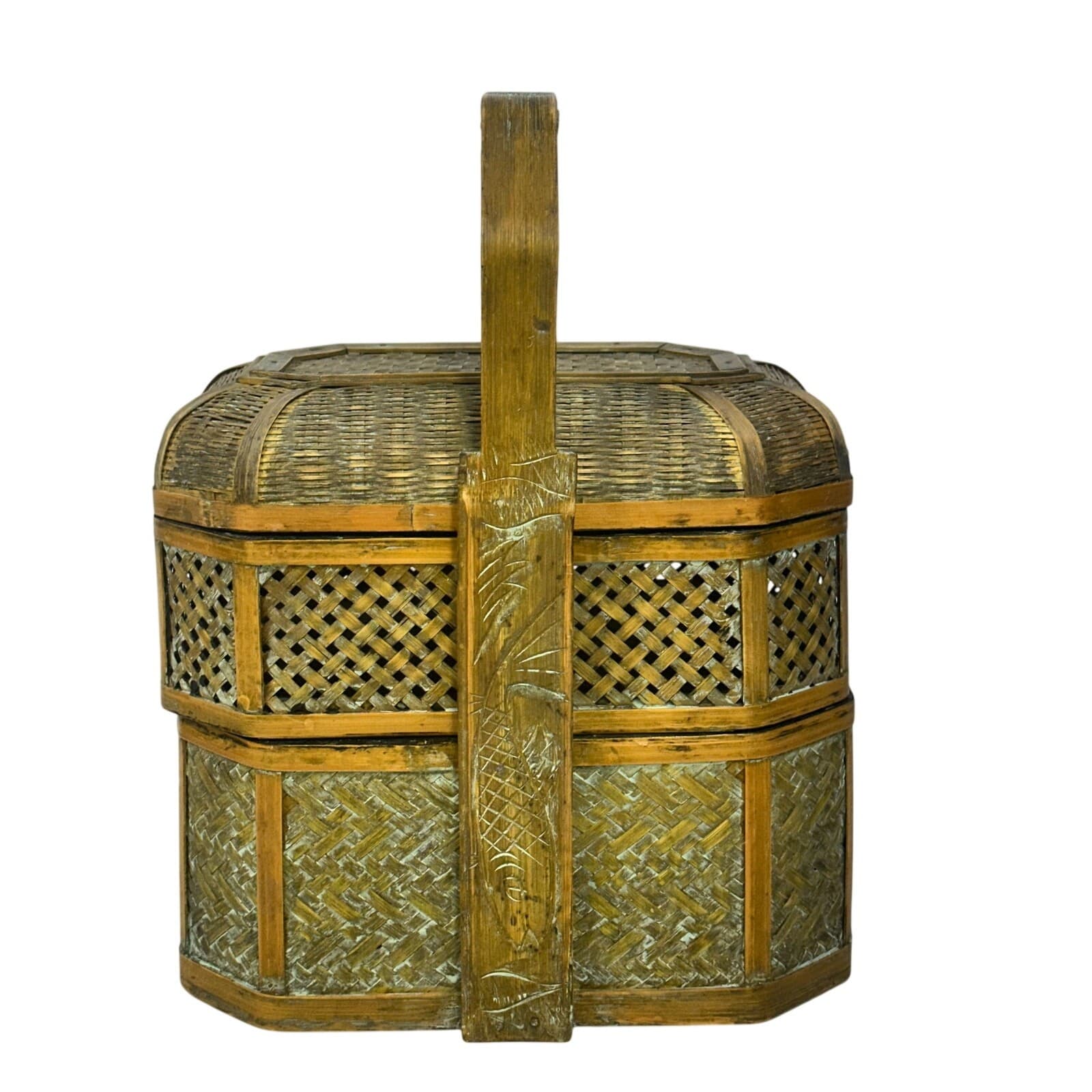 Woven Design Three Tier Basket Carved Decorative Handle Wash Finish - Thumbnail 3