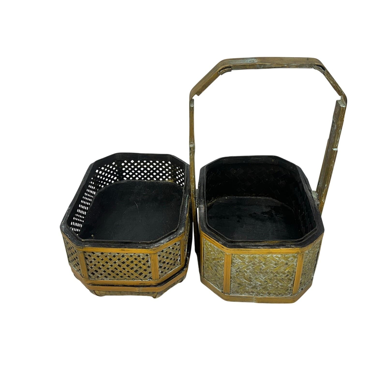 Woven Design Three Tier Basket Carved Decorative Handle Wash Finish - Thumbnail 6