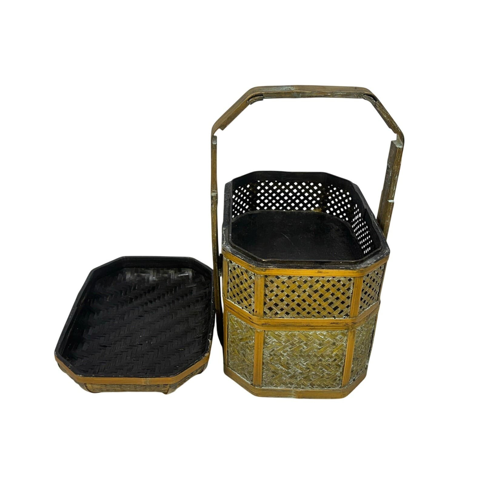Woven Design Three Tier Basket Carved Decorative Handle Wash Finish - Thumbnail 5