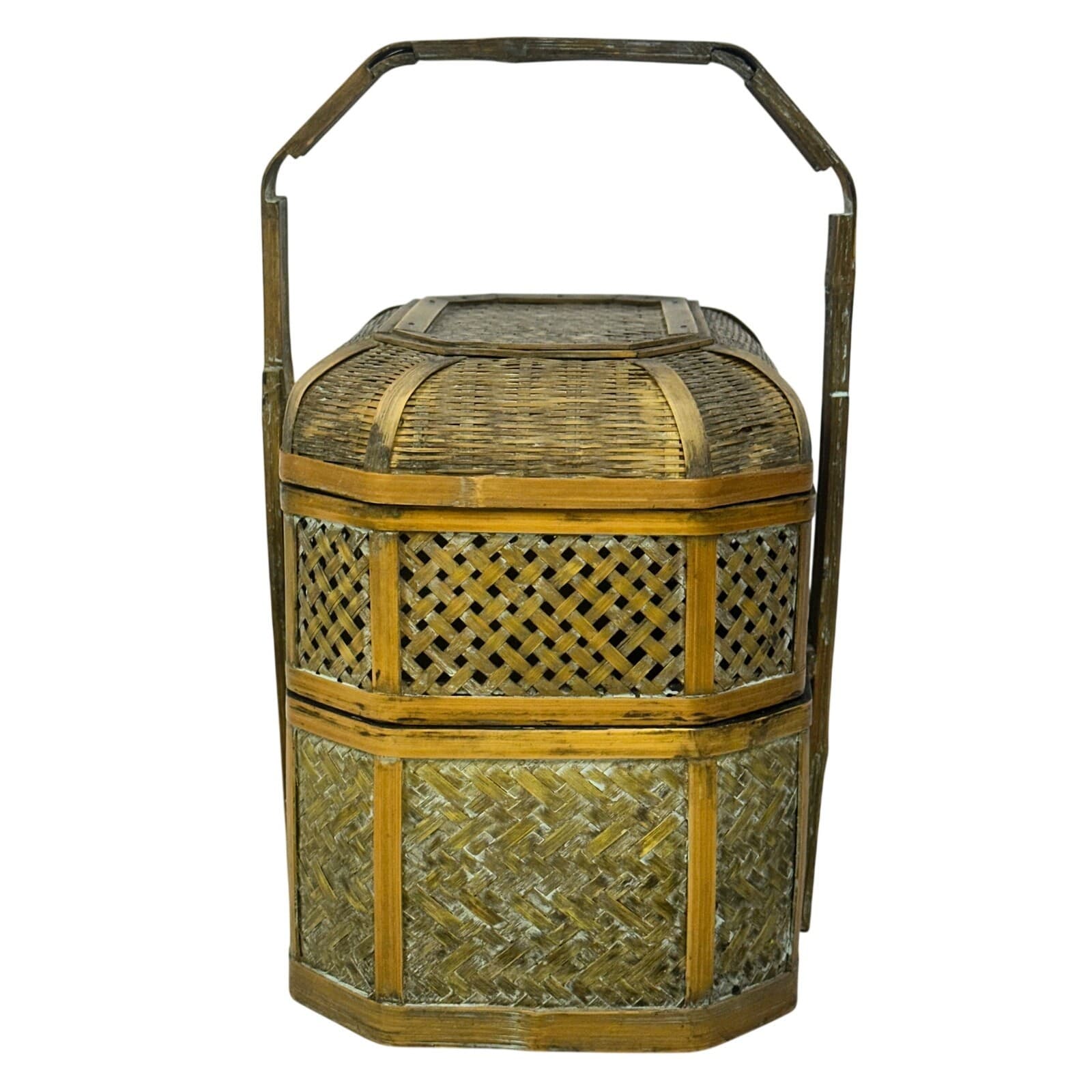 Woven Design Three Tier Basket Carved Decorative Handle Wash Finish - Thumbnail 2