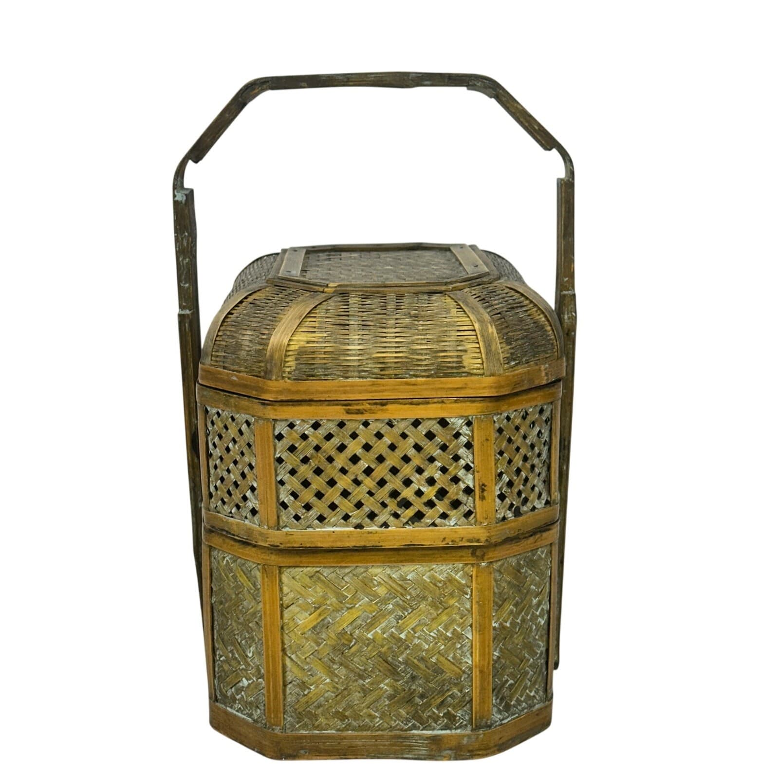 Woven Design Three Tier Basket Carved Decorative Handle Wash Finish - Thumbnail 4