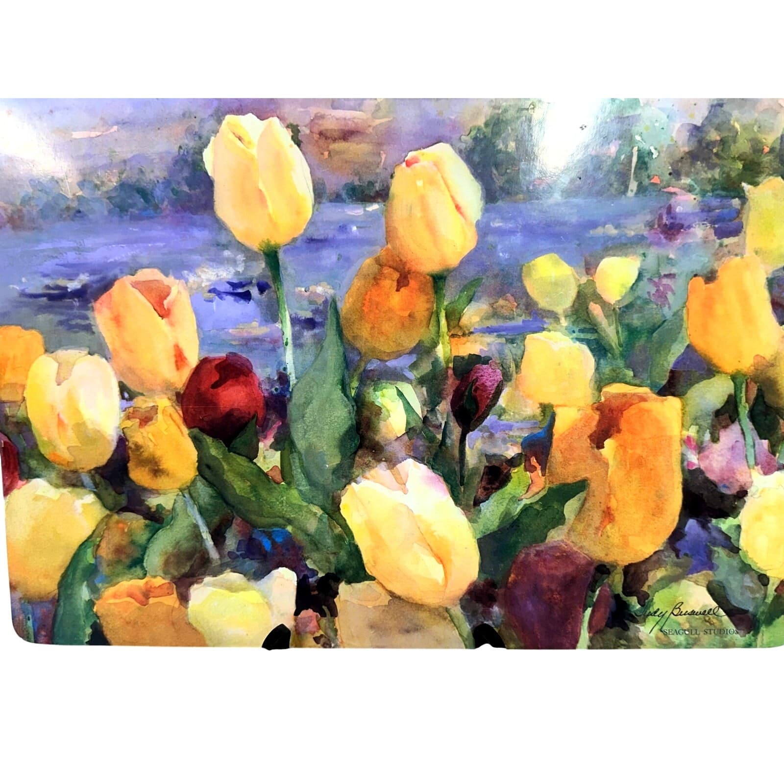 'Tulips' Cork Back Placemats Signed Judy Buswell Seagull Studios Design-Set of 4 - Thumbnail 3