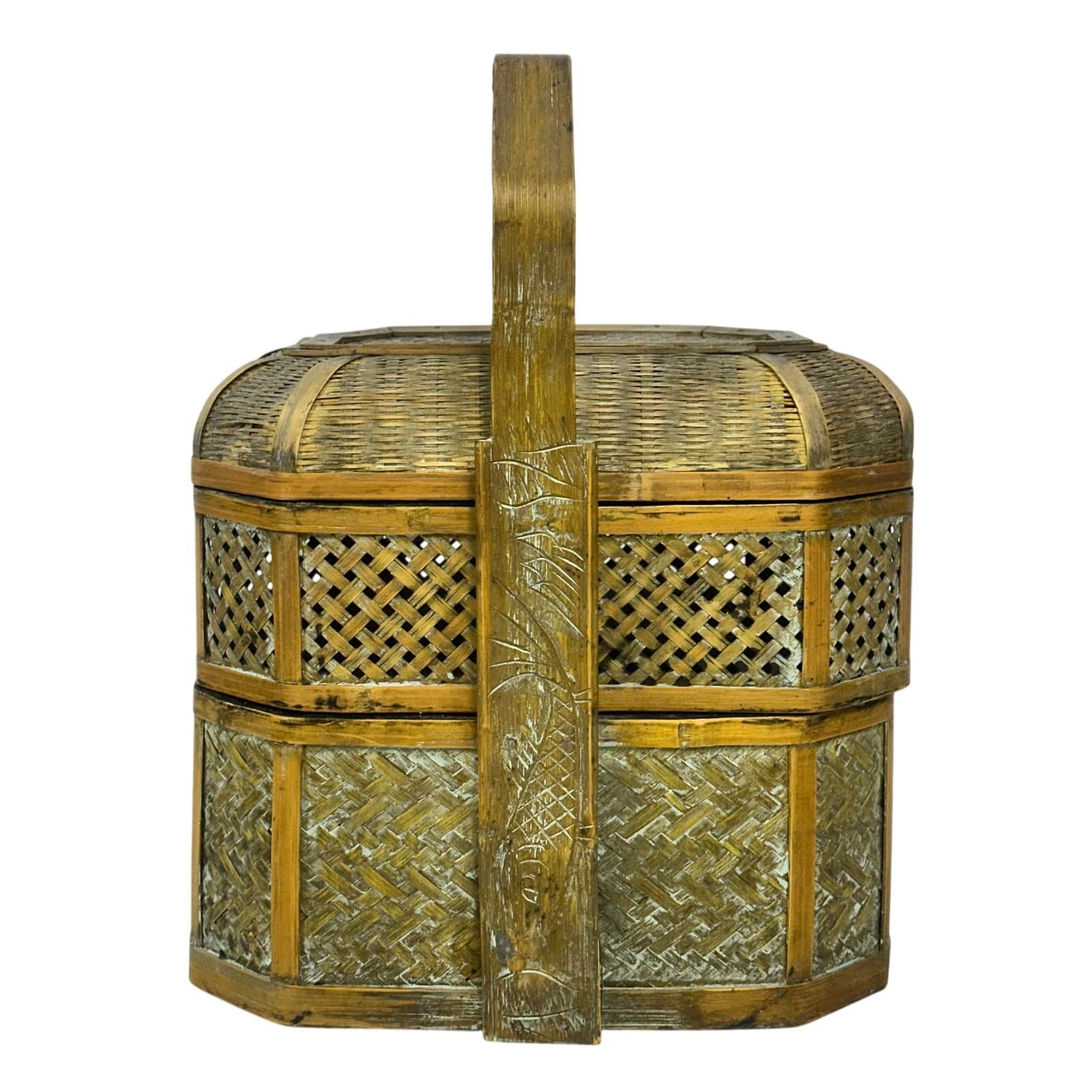 Woven Design Three Tier Basket Carved Decorative Handle Wash Finish