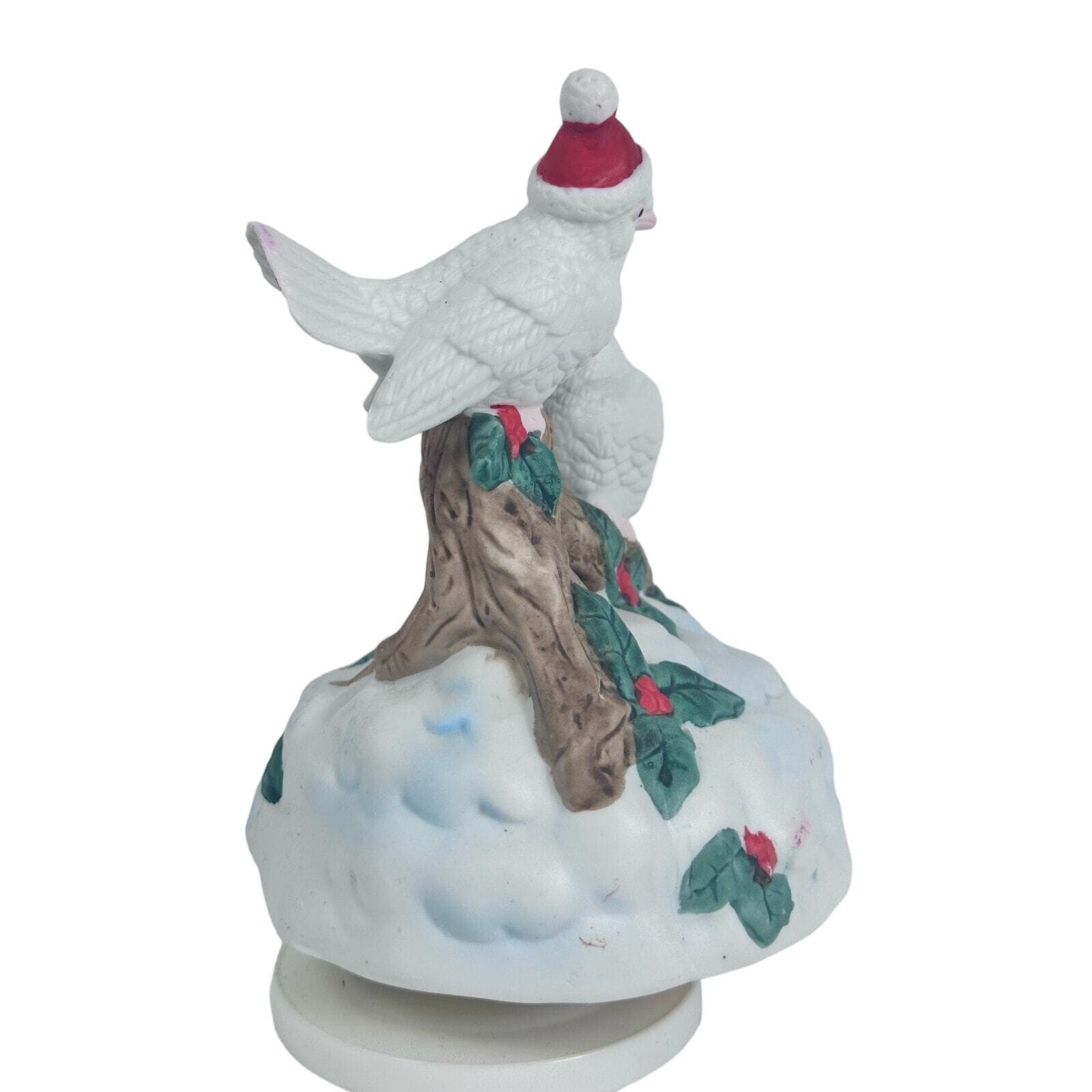 White Birds w/Santa Hats Snow Holly Christmas Music Box Plays Deck the Halls! - Thumbnail 3