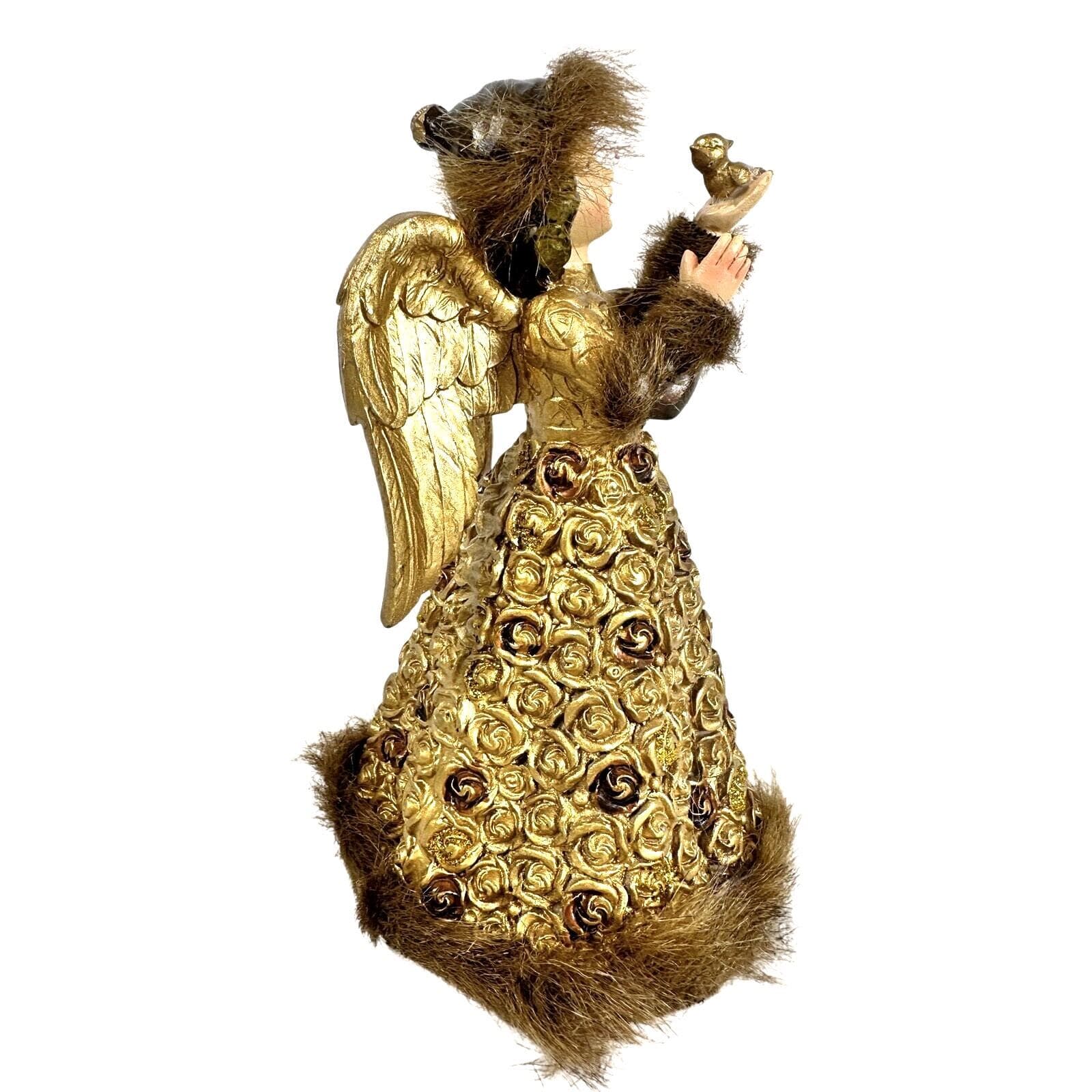Cracker Barrel Season of Glory Gold Angel with Bird Faux Fur Trim Vintage-Nice! - Thumbnail 4