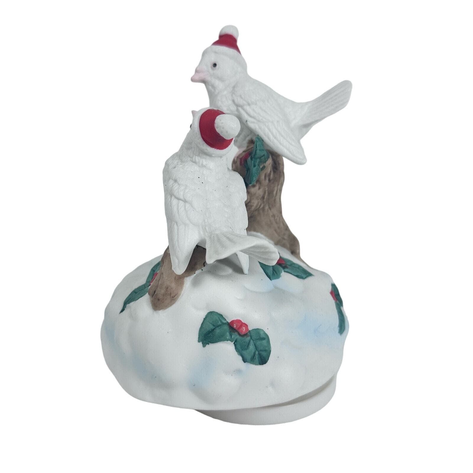White Birds w/Santa Hats Snow Holly Christmas Music Box Plays Deck the Halls! - Thumbnail 5