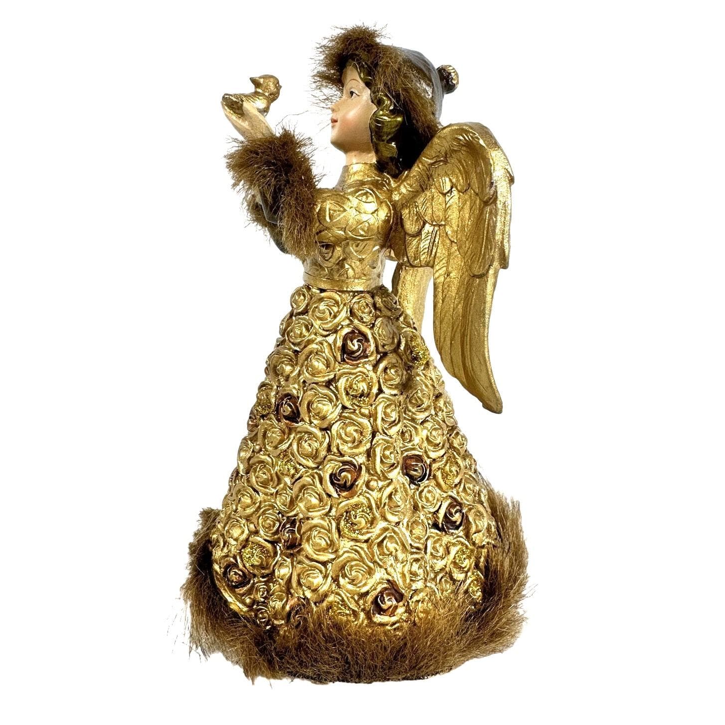Cracker Barrel Season of Glory Gold Angel with Bird Faux Fur Trim Vintage-Nice! - Thumbnail 3
