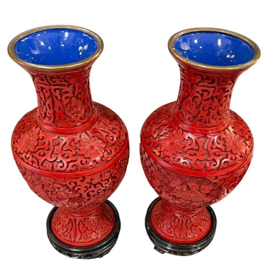 Pair of Vintage Chinese Cinnabar Lacquer Vases Beijing Forbidden City 9" Peony - Thumbnail 11
