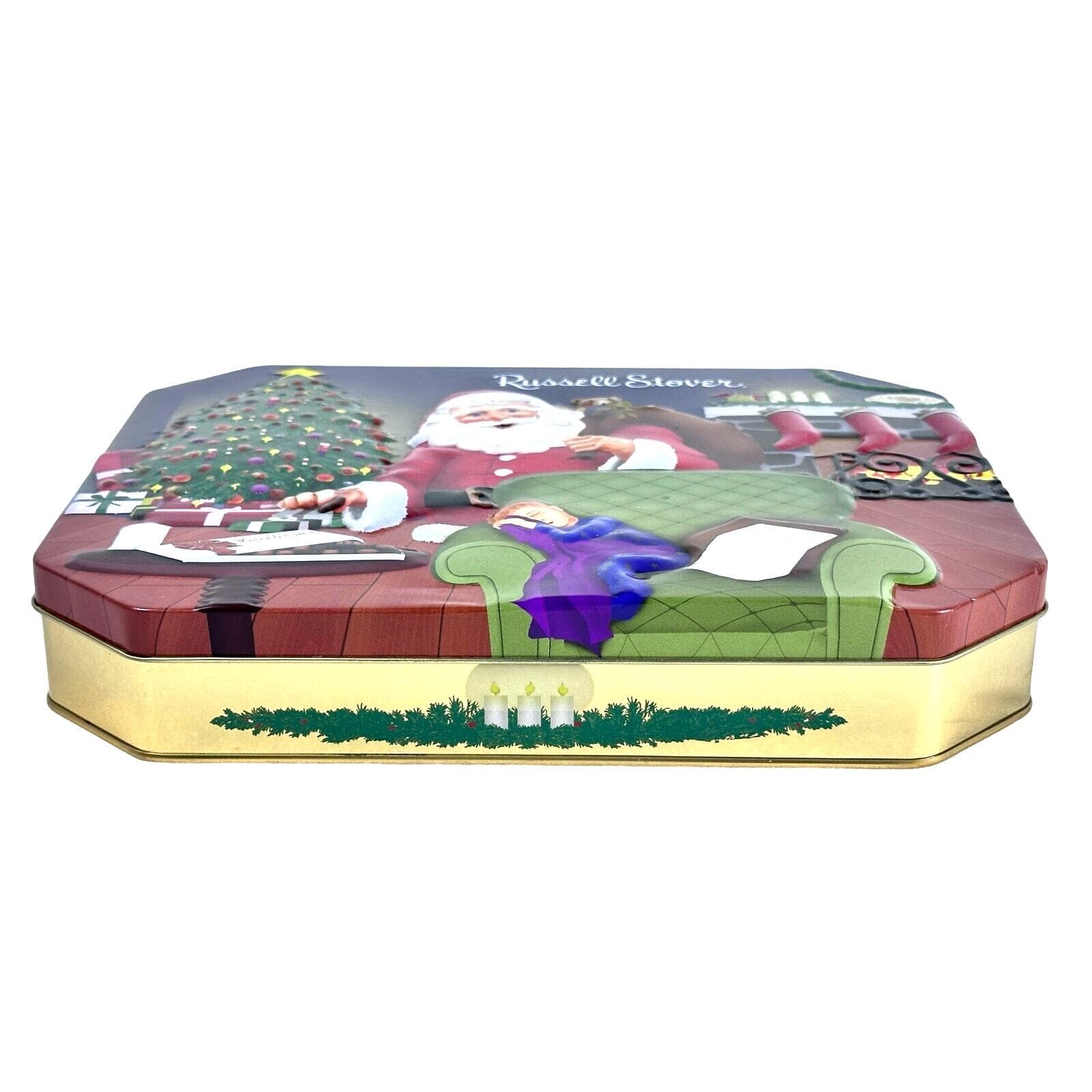 Russell Stover 2007 Hinged Embossed Christmas Tin Santa with Child in Chair! - Thumbnail 6