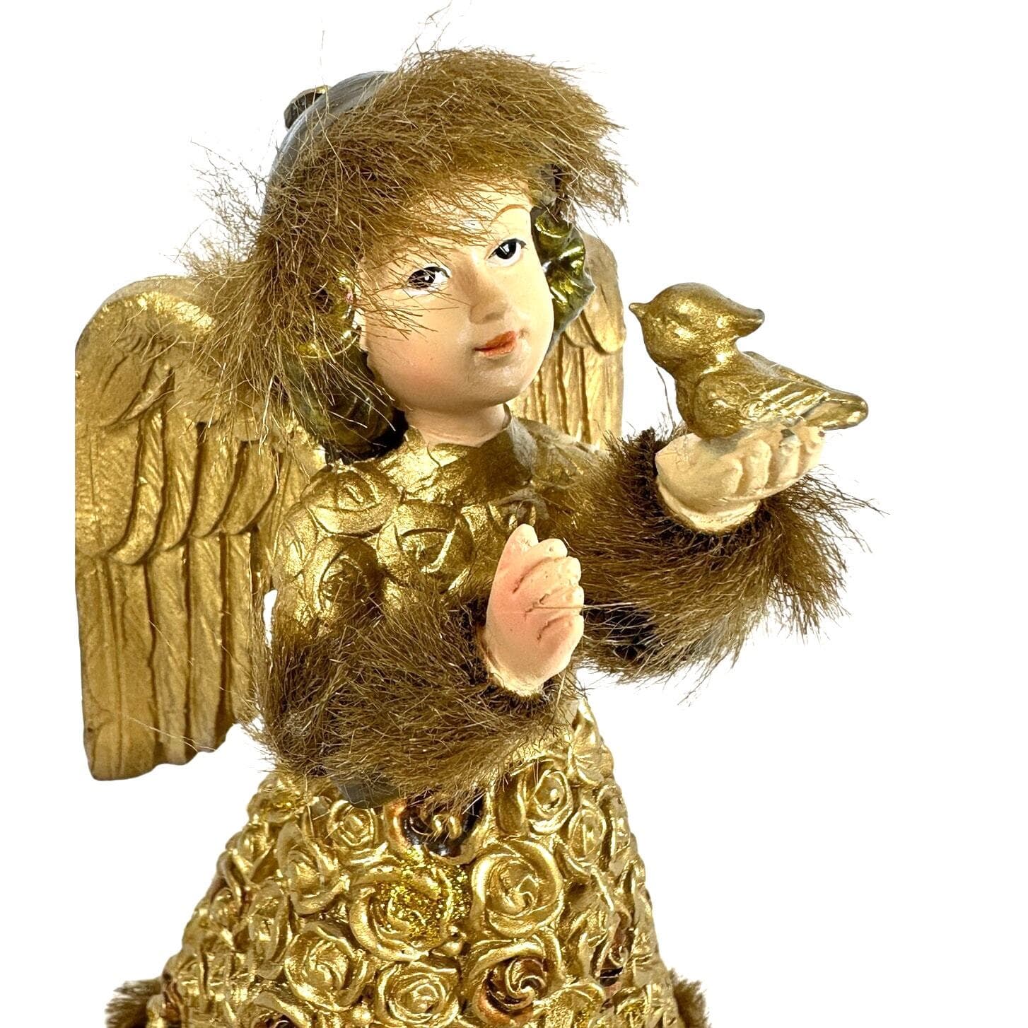Cracker Barrel Season of Glory Gold Angel with Bird Faux Fur Trim Vintage-Nice! - Thumbnail 2