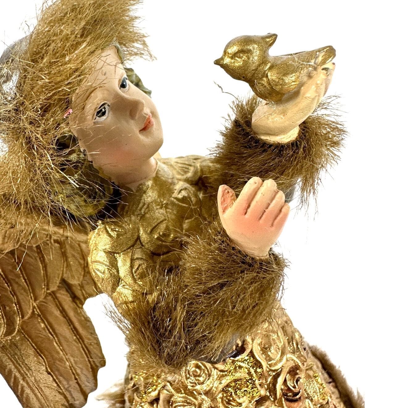 Cracker Barrel Season of Glory Gold Angel with Bird Faux Fur Trim Vintage-Nice! - Thumbnail 5