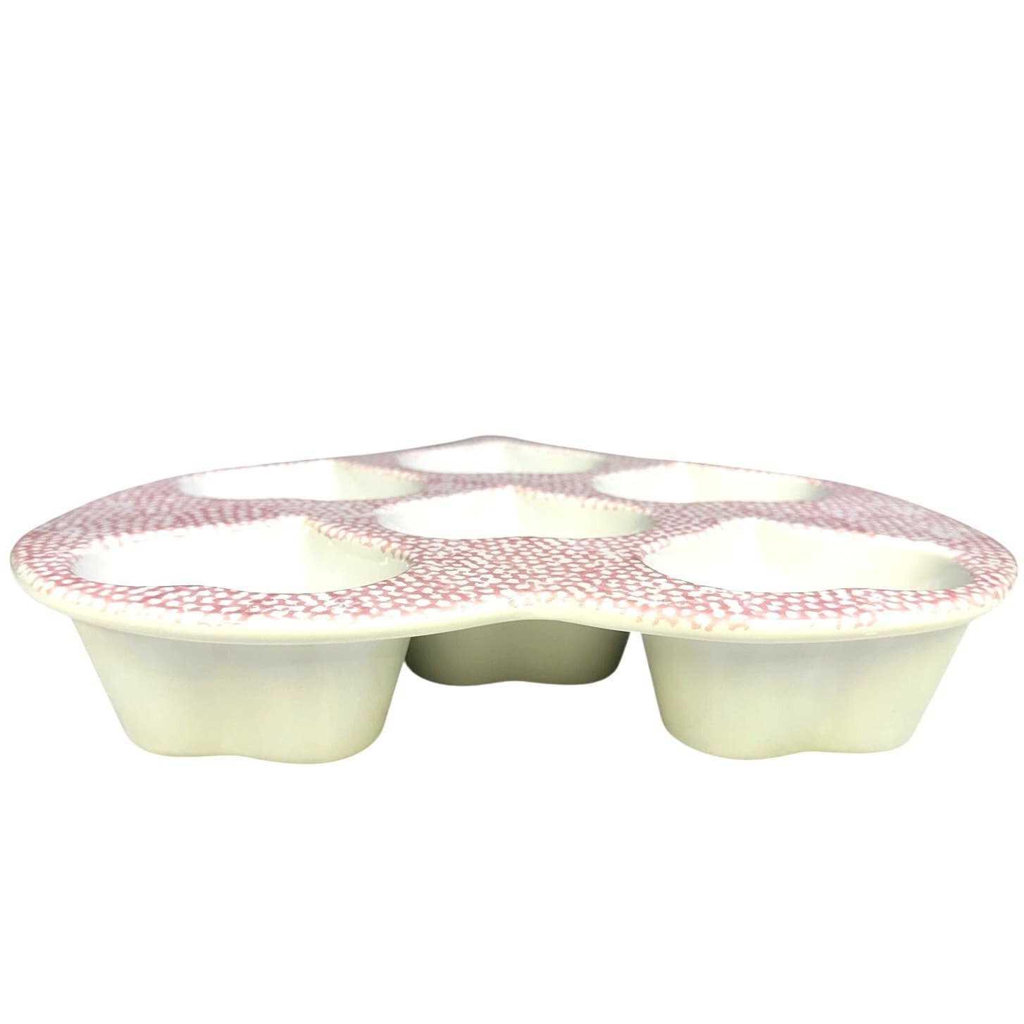 Vintage Pink Spongeware Heavy Heart Shaped Stoneware 6-Muffin Pan-Excellent - Thumbnail 3