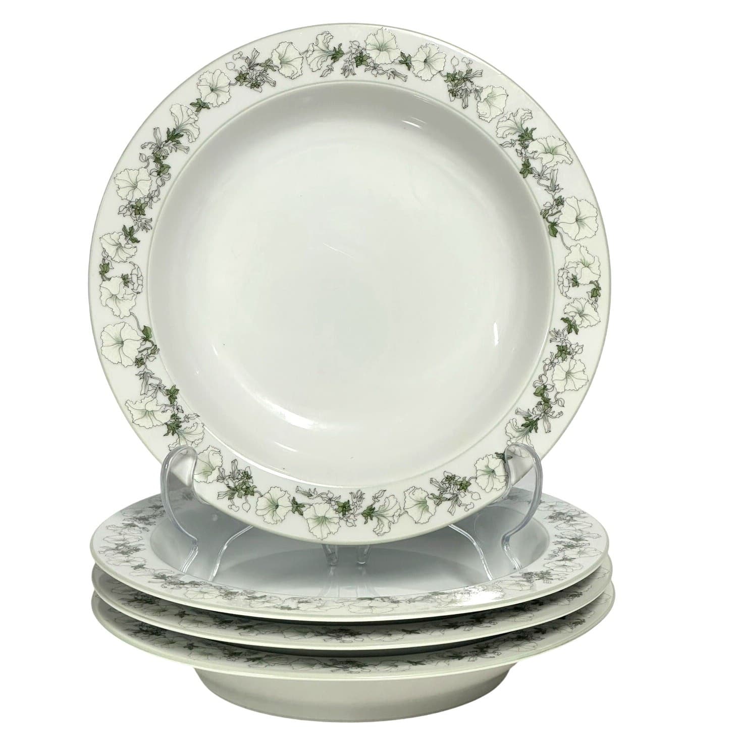 Watercolors Block Spal Portugal 'White Petunias' Rimmed Soup Bowls-Set of 4