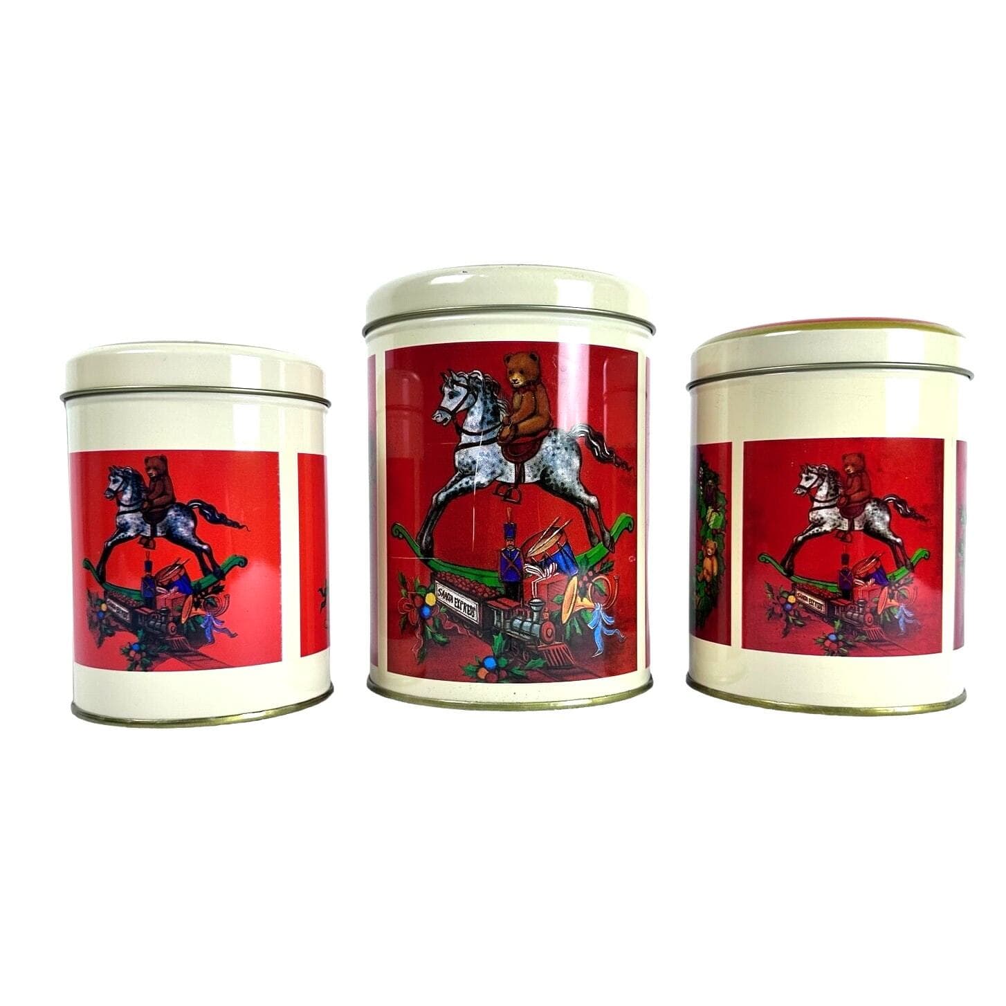 Nesting/Stacking Christmas Tins New Never Used Rocking Horse Sleigh Teddy Bear! - Thumbnail 2