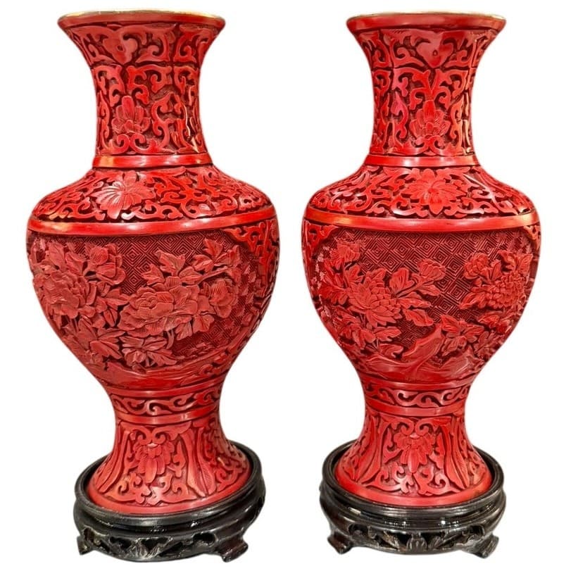 Pair of Vintage Chinese Cinnabar Lacquer Vases Beijing Forbidden City 9" Peony - Thumbnail 4