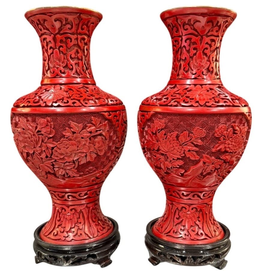 Pair of Vintage Chinese Cinnabar Lacquer Vases Beijing Forbidden City 9" Peony - Thumbnail 16
