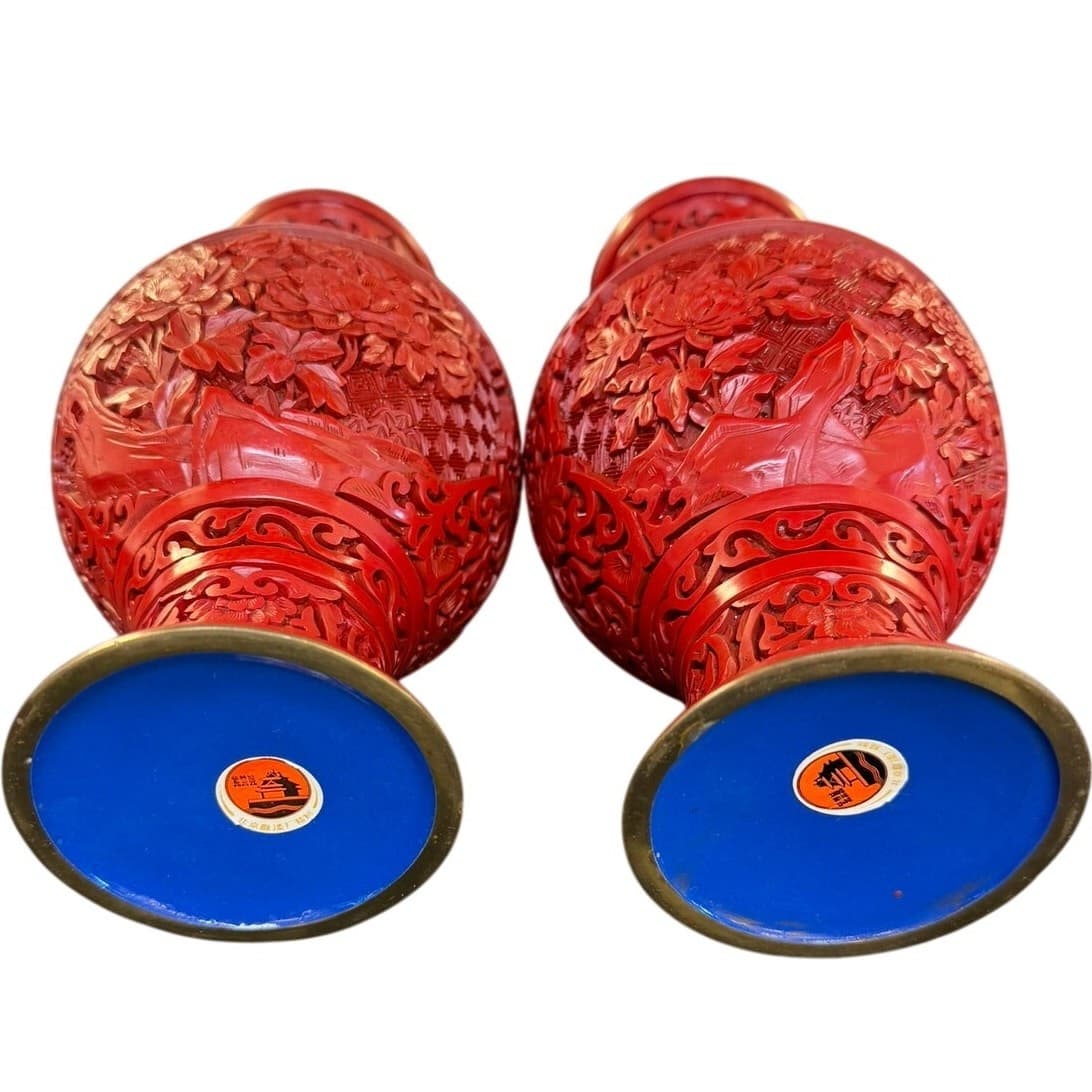 Pair of Vintage Chinese Cinnabar Lacquer Vases Beijing Forbidden City 9" Peony - Thumbnail 5