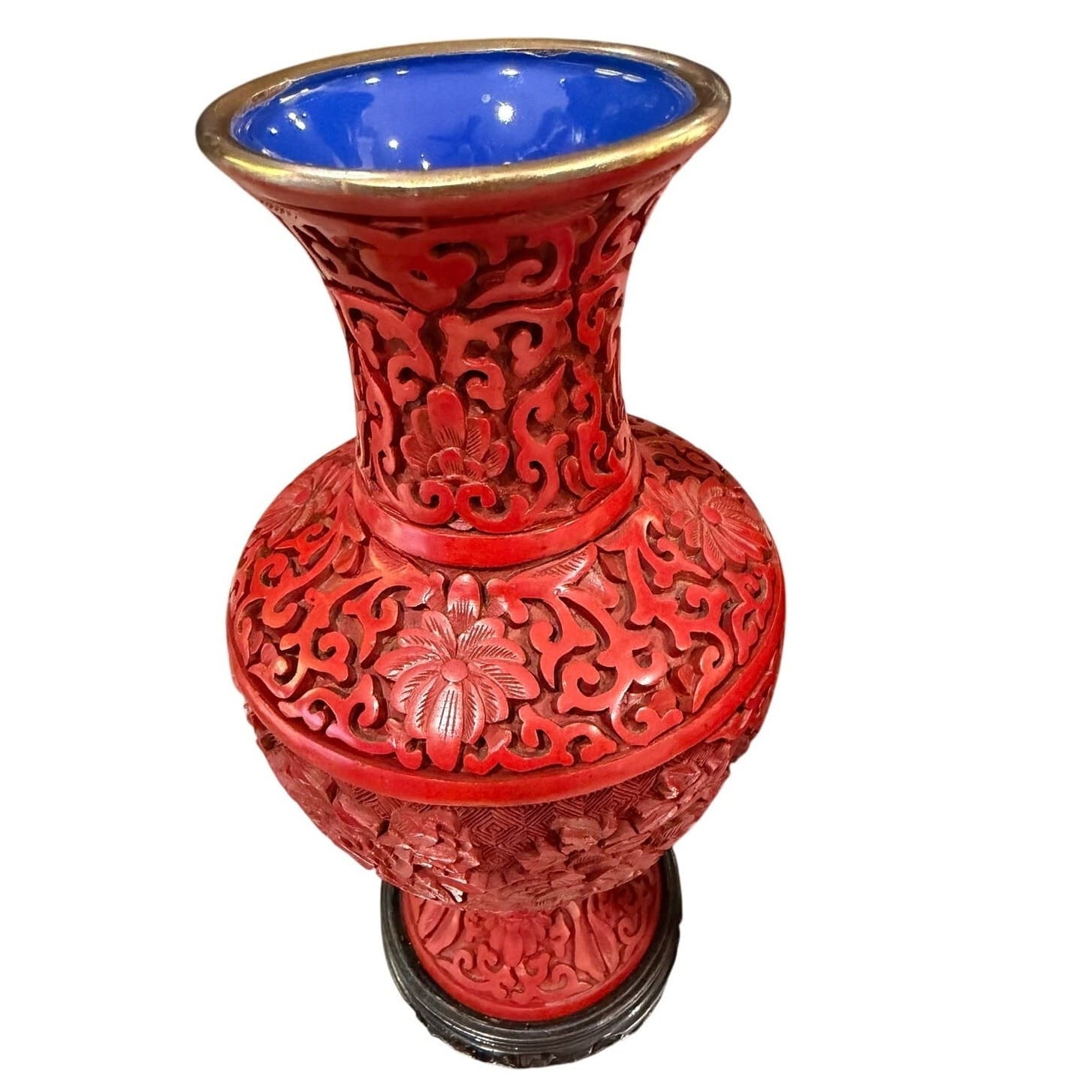 Pair of Vintage Chinese Cinnabar Lacquer Vases Beijing Forbidden City 9" Peony - Thumbnail 15
