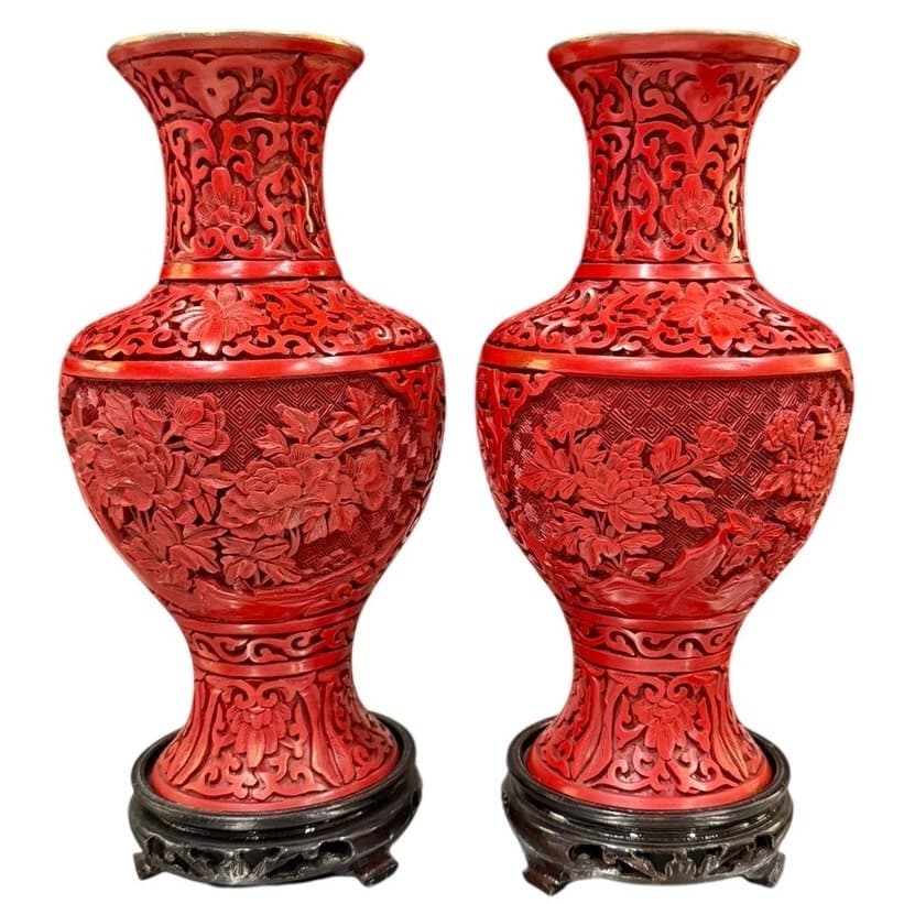 Pair of Vintage Chinese Cinnabar Lacquer Vases Beijing Forbidden City 9" Peony - Thumbnail 9