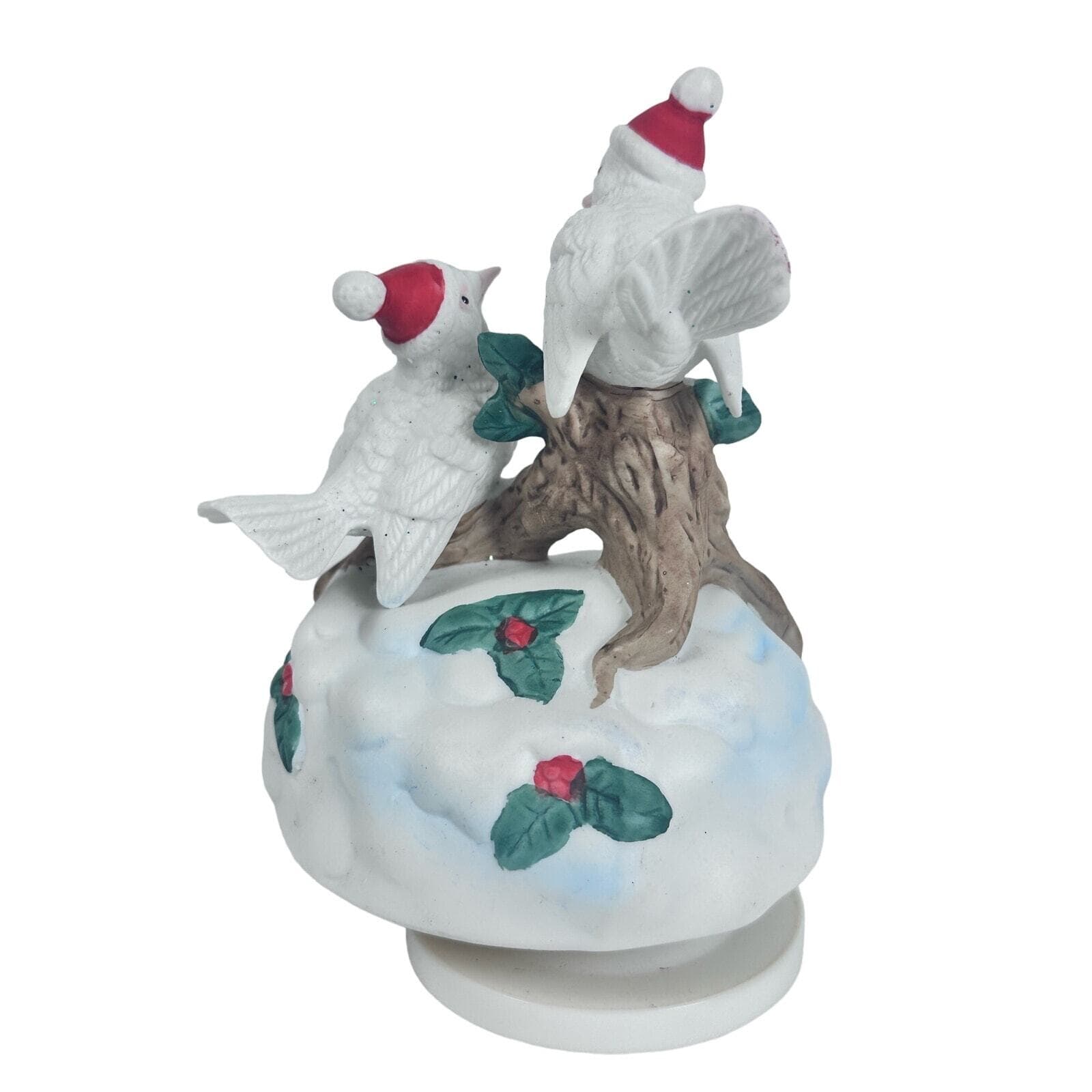 White Birds w/Santa Hats Snow Holly Christmas Music Box Plays Deck the Halls! - Thumbnail 4