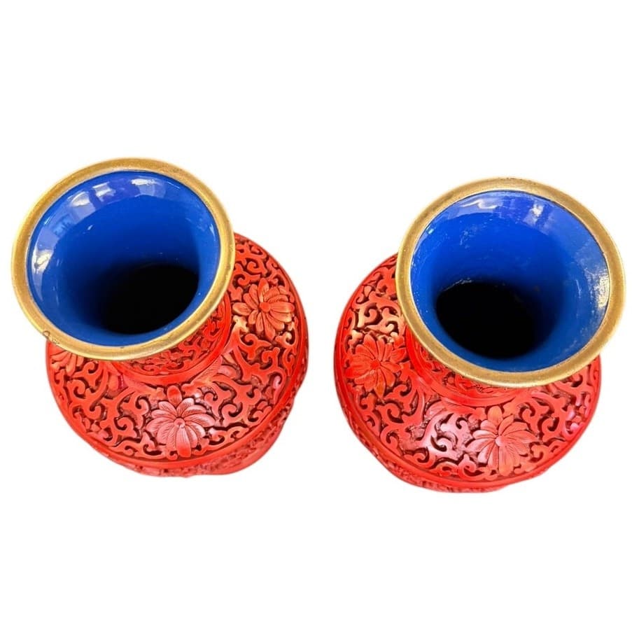 Pair of Vintage Chinese Cinnabar Lacquer Vases Beijing Forbidden City 9" Peony - Thumbnail 3