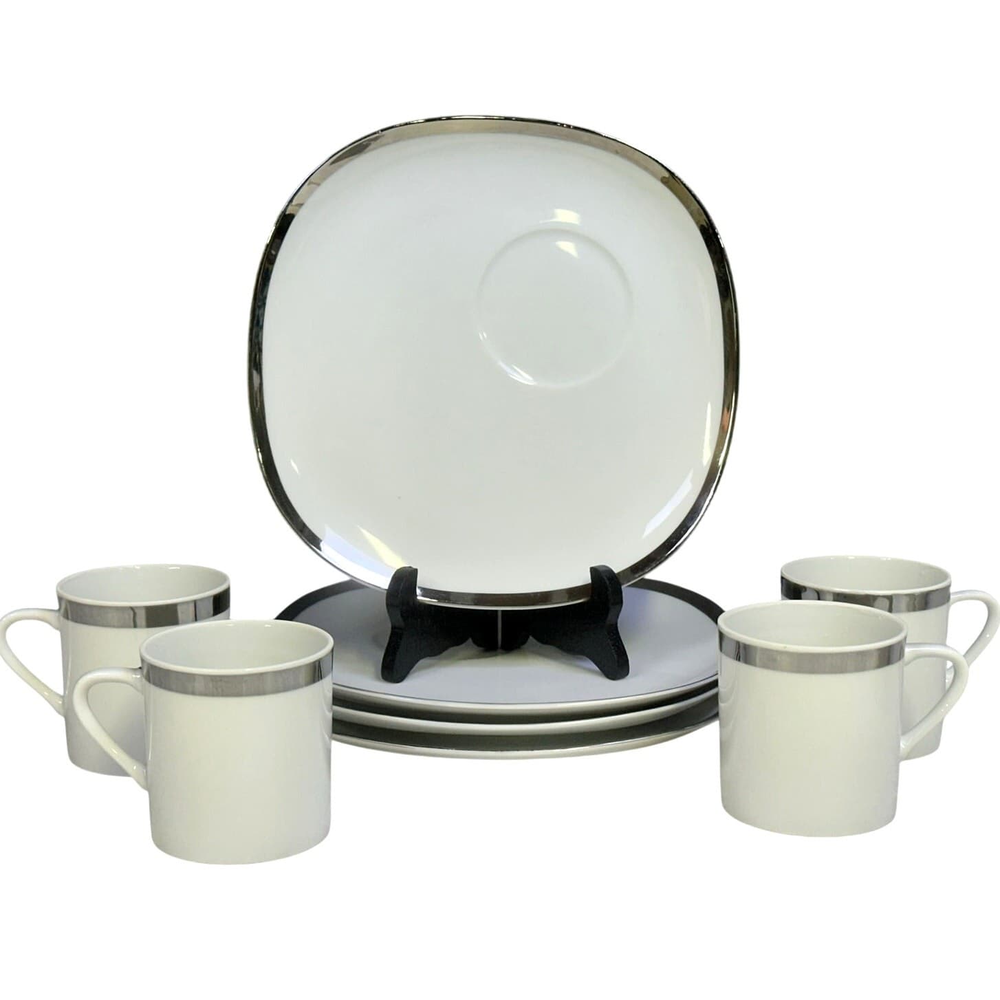 White and Platinum Square Luncheon/Coffee/Tea Snack Set-Set of 4