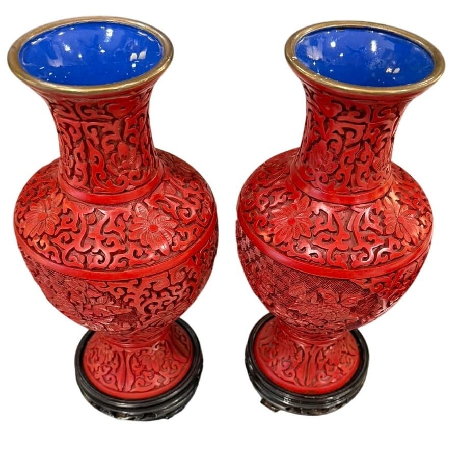 Pair of Vintage Chinese Cinnabar Lacquer Vases Beijing Forbidden City 9" Peony - Thumbnail 2