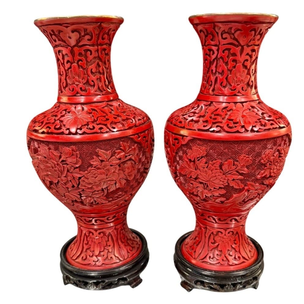 Pair of Vintage Chinese Cinnabar Lacquer Vases Beijing Forbidden City 9" Peony - Thumbnail 7