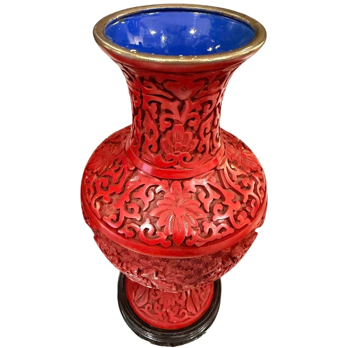 Pair of Vintage Chinese Cinnabar Lacquer Vases Beijing Forbidden City 9" Peony - Thumbnail 13