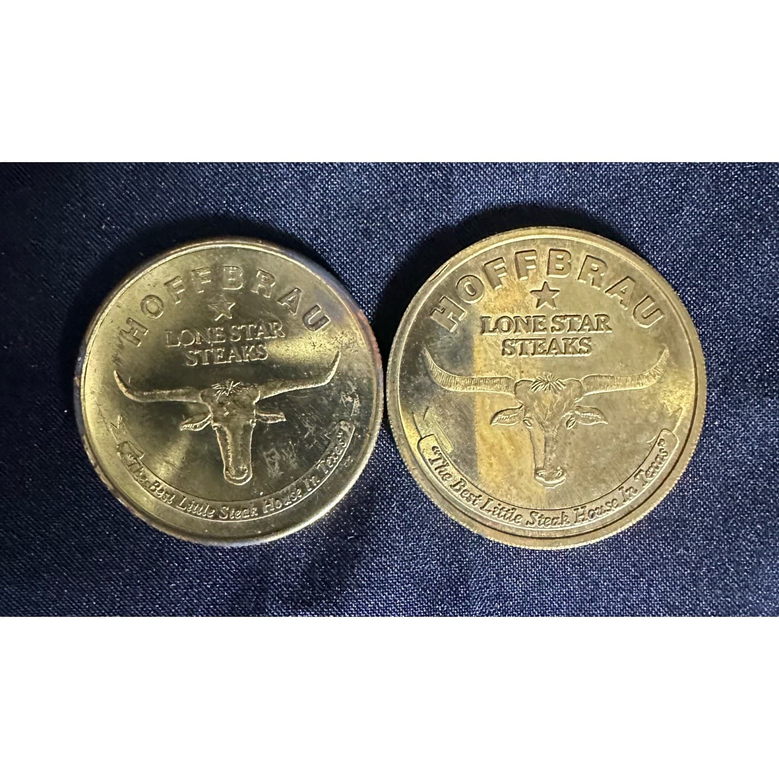 Hofbrau Steaks "One No Bull Dollar" 1986 Gold Tone 1-3/8" Token Coin Set of Two - Thumbnail 2