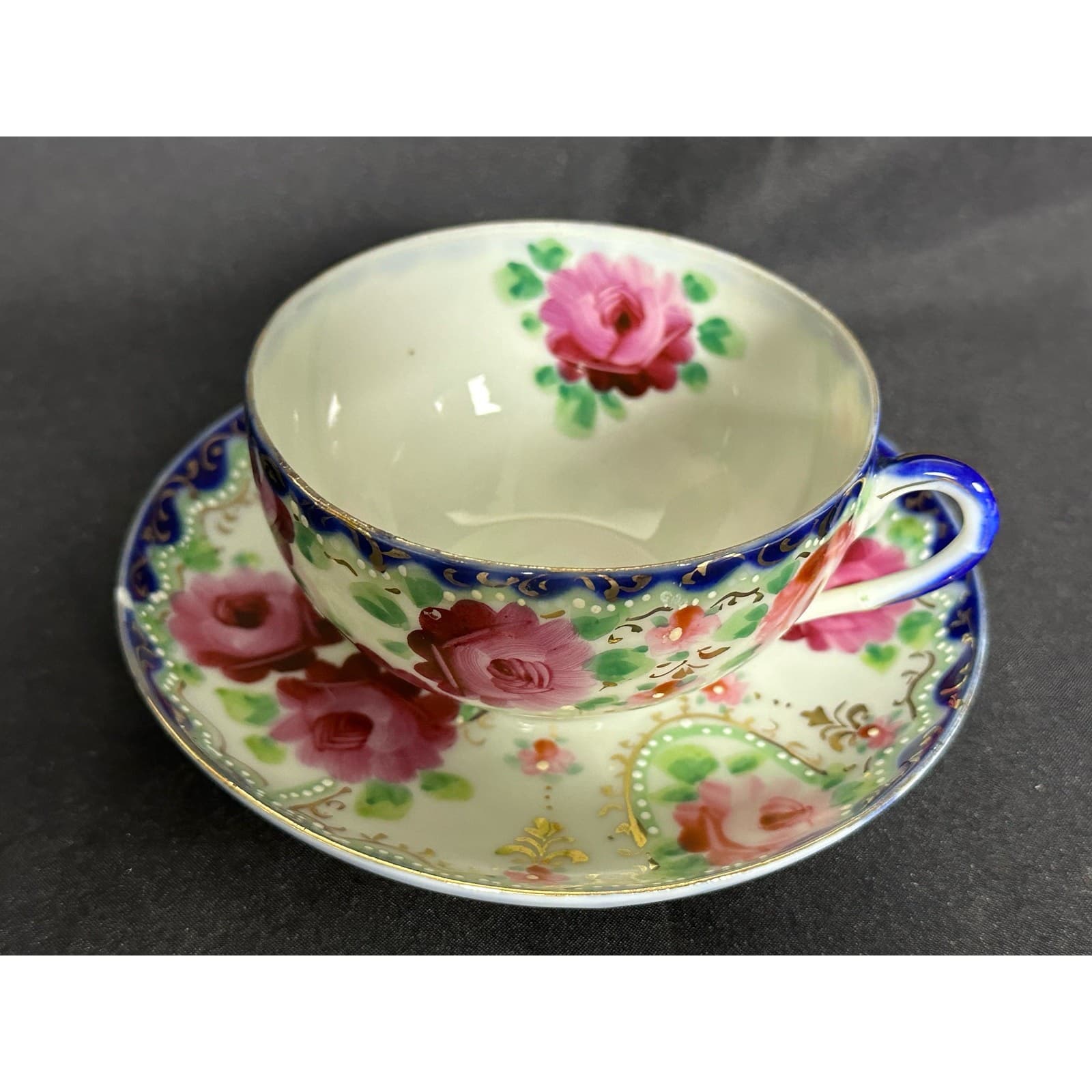 Floral Rose Porcelain Teacup and Saucer Unmarked VG - Thumbnail 5