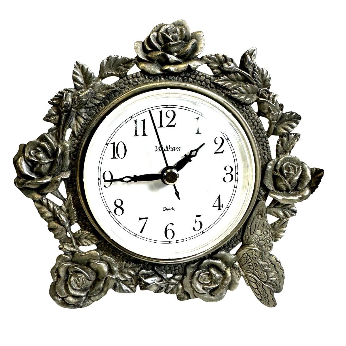 Pair Lovely Rose Rimmed Pewter Colored Metal Frame Quartz Clock by Waltham - Thumbnail 4