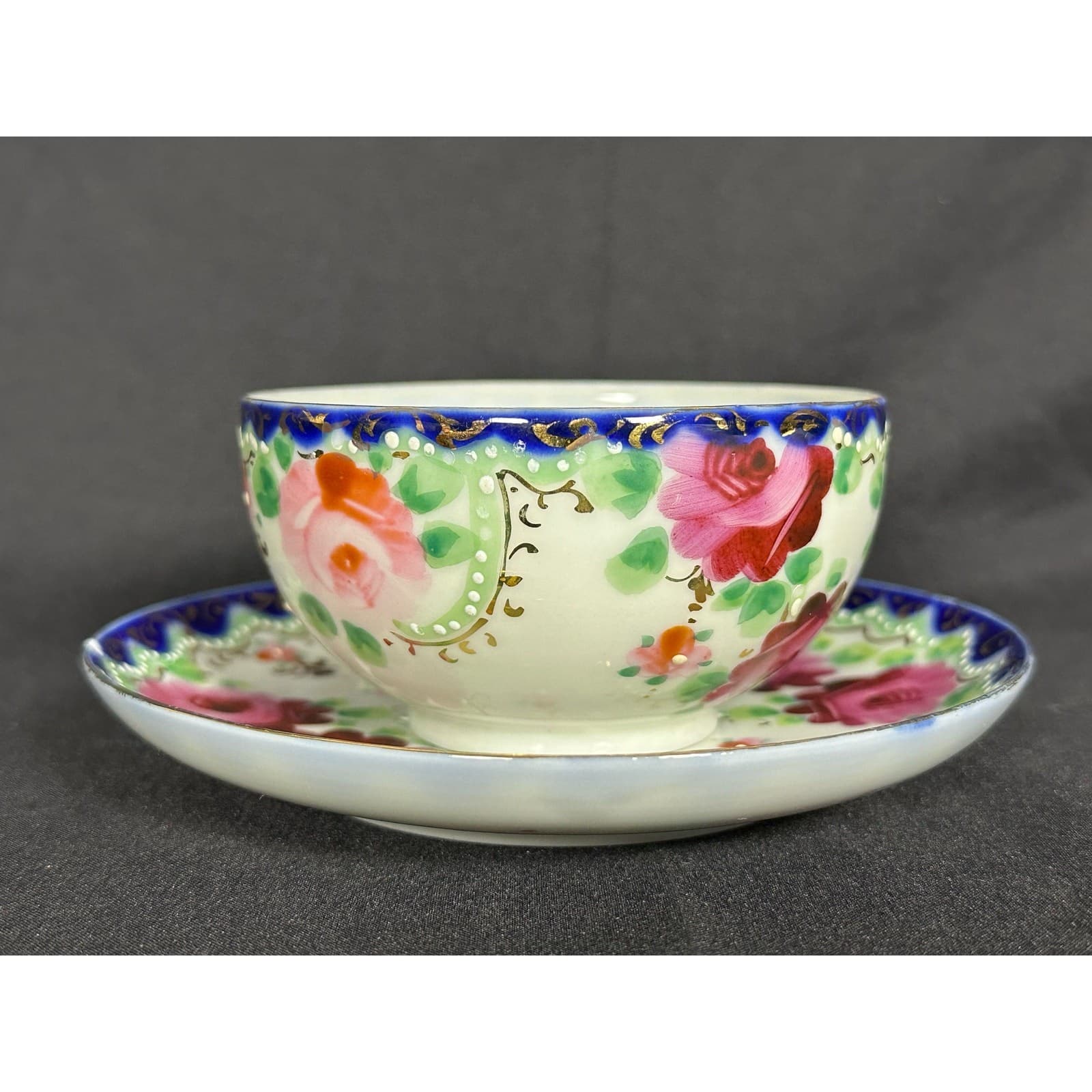 Floral Rose Porcelain Teacup and Saucer Unmarked VG - Thumbnail 4