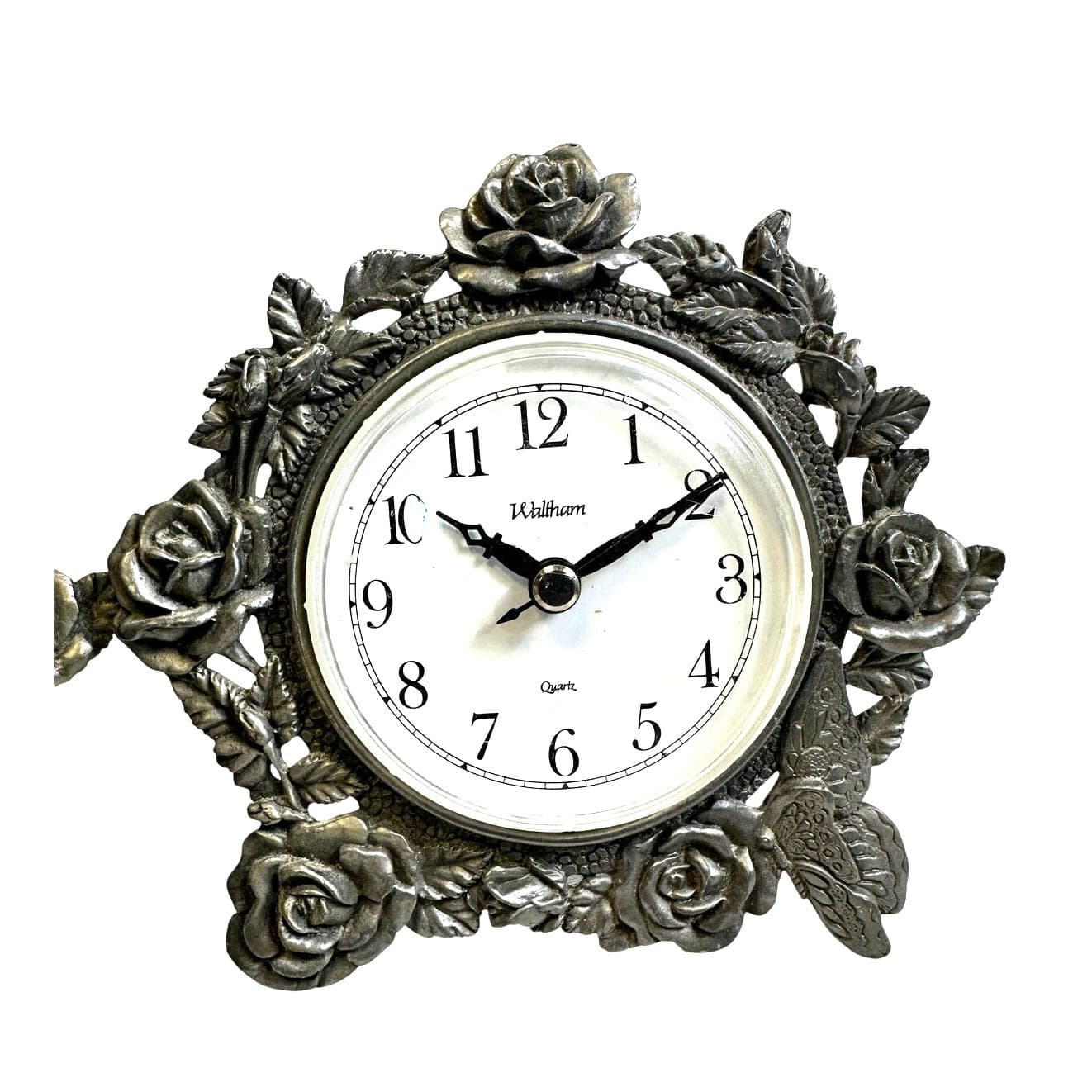 Pair Lovely Rose Rimmed Pewter Colored Metal Frame Quartz Clock by Waltham - Thumbnail 2