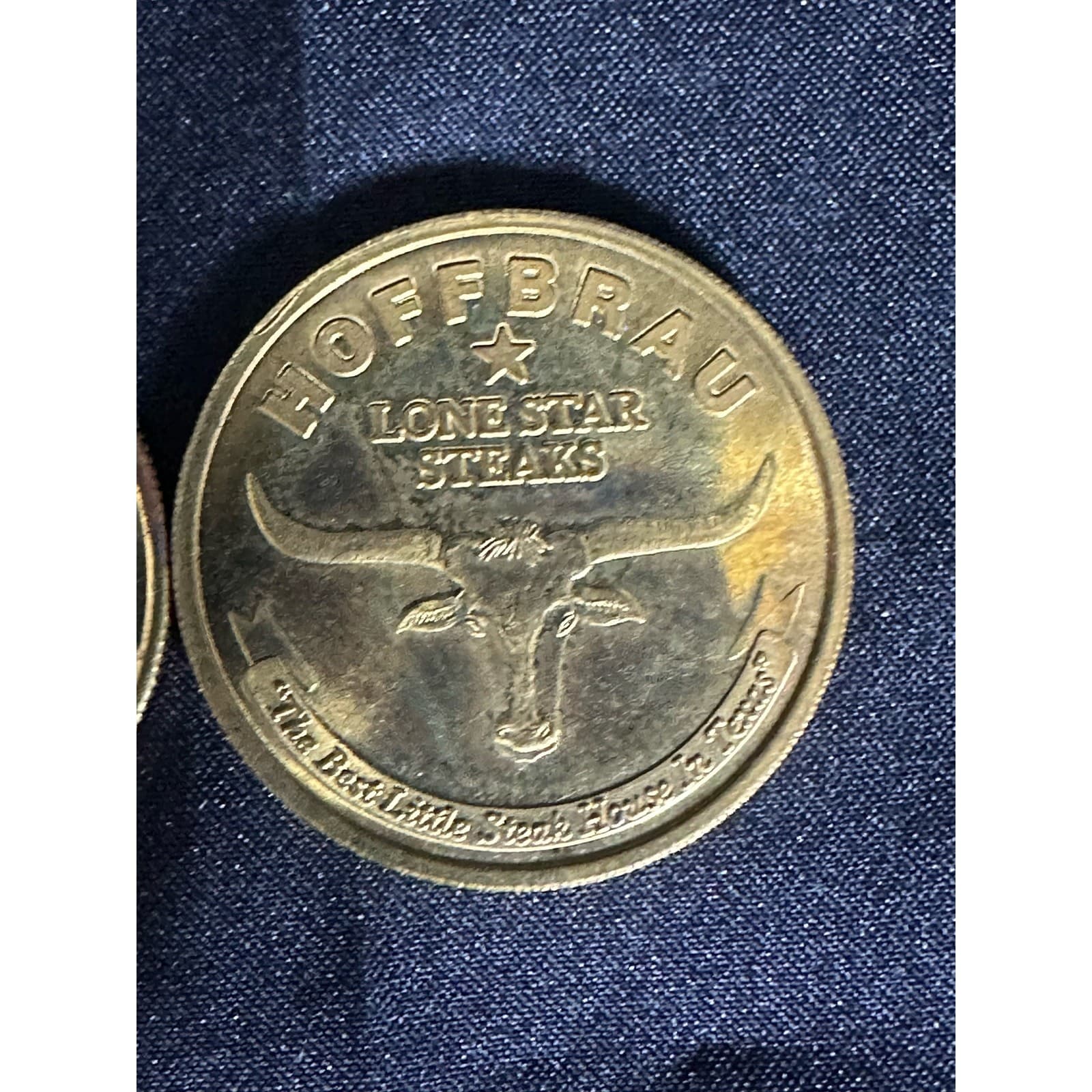 Hofbrau Steaks "One No Bull Dollar" 1986 Gold Tone 1-3/8" Token Coin Set of Two - Thumbnail 3