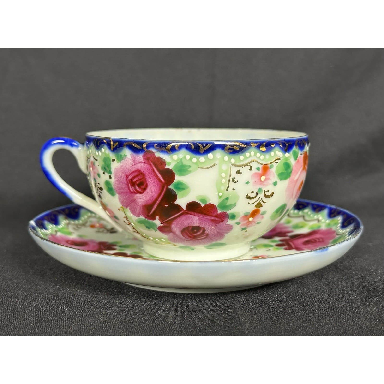 Floral Rose Porcelain Teacup and Saucer Unmarked VG - Thumbnail 3
